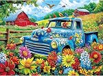 MINIWAN 500 Piece Jigsaw Puzzle for Adults - Vintage Blue Truck Flower Farm Puzzle, 23" x 15" with Letters on Back, Reference Poster & Unique Shaped Pieces, Relaxing Puzzle for Seniors & Puzzle Lovers | Songbirds on The Farm Jigsaw Puzzle, Recycled C