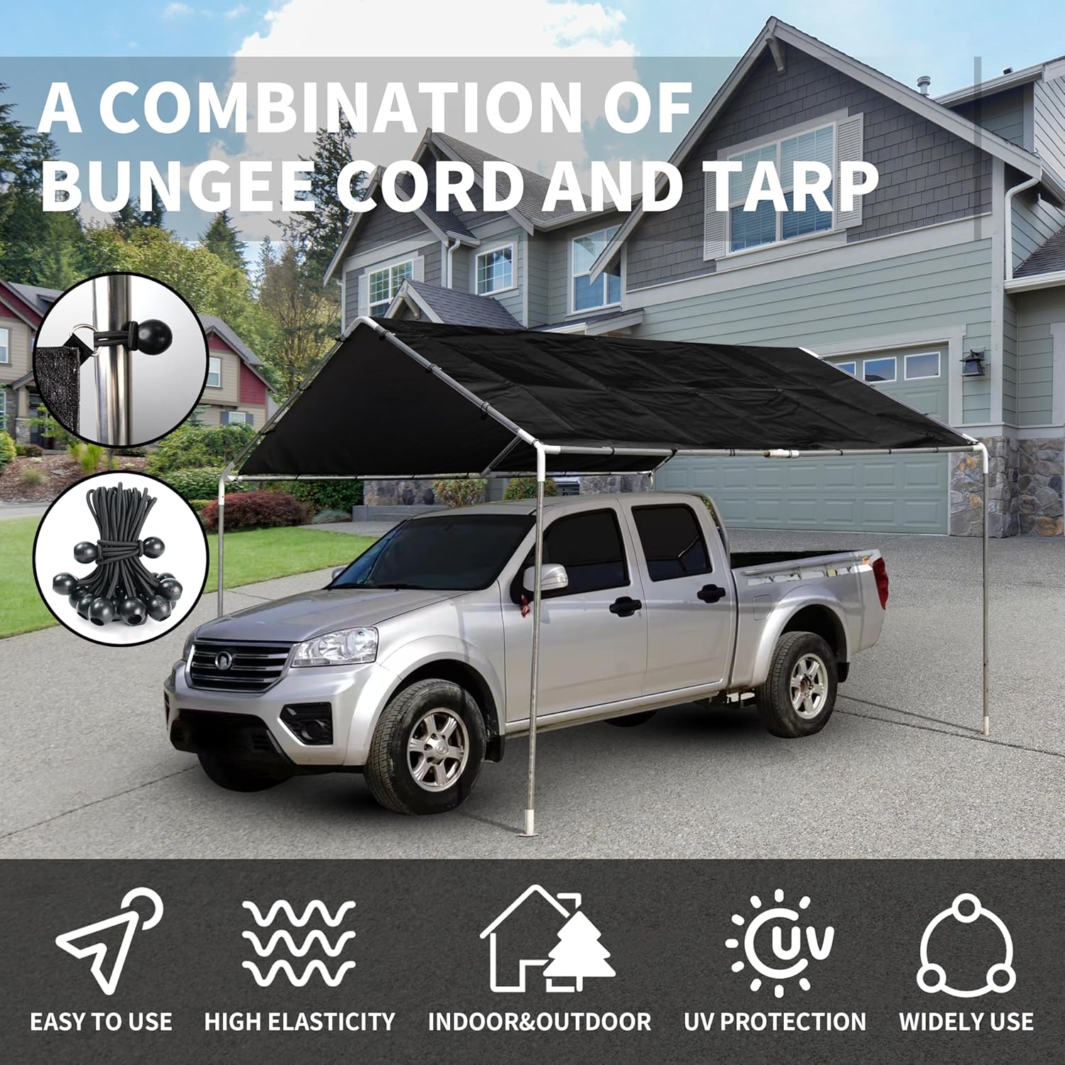 TARPAL Tarp 4x5 ft Heavy Duty Tarps (3Pack) 14mil D-Ring Waterproof tarp with Ball Bungee Cord (25 Pack) UV Resistant Triangular Design Reinforced Corners and Edges（Black）