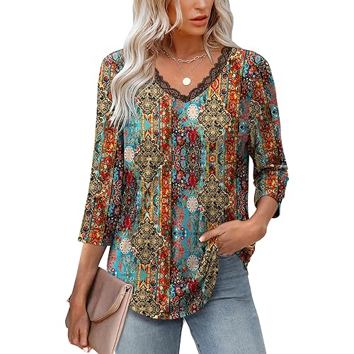 WIHOLL 3/4 Length Sleeve Womens Tops Lace V Neck Tunic Tops Loose Fit Dressy Casual Shirts Blouses