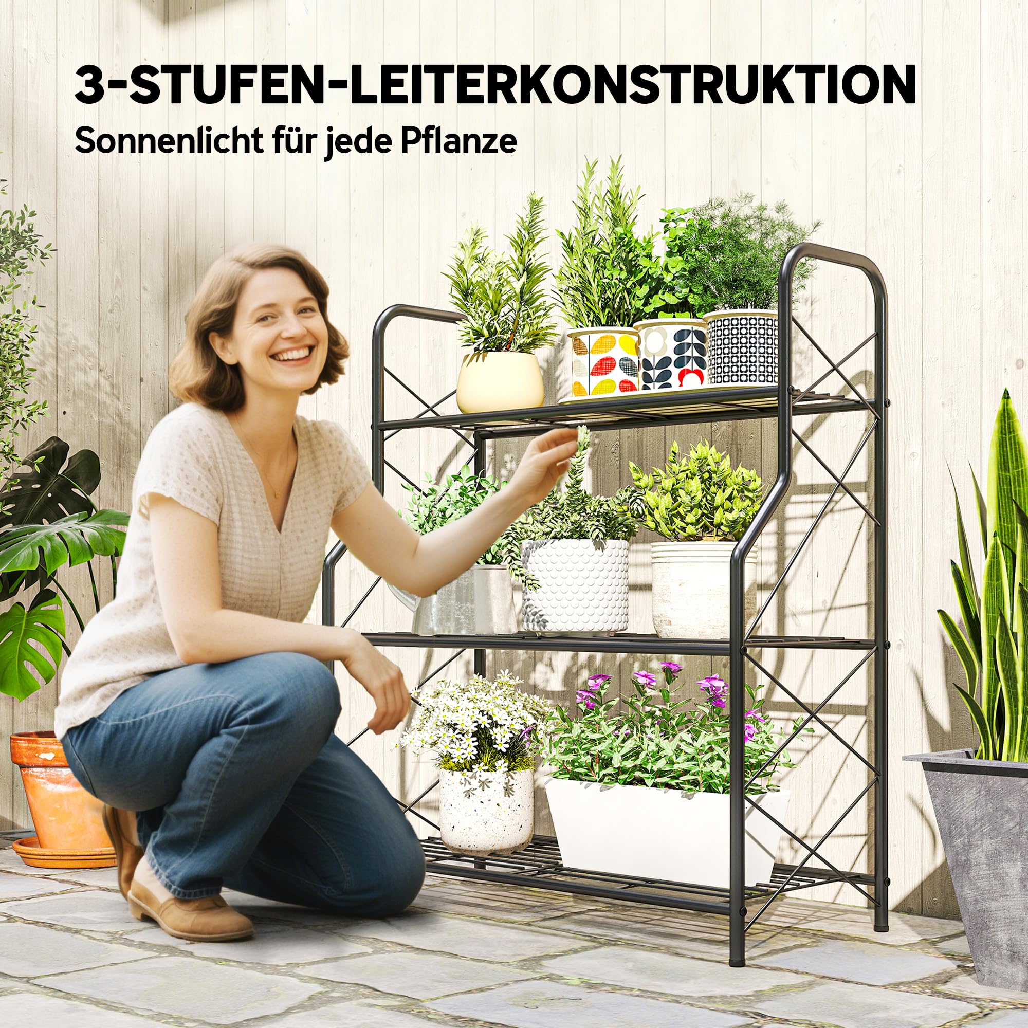 Outsunny 3-Etagen Pflanzenständer, 78 cm hoher Blumenständer, Schwarz