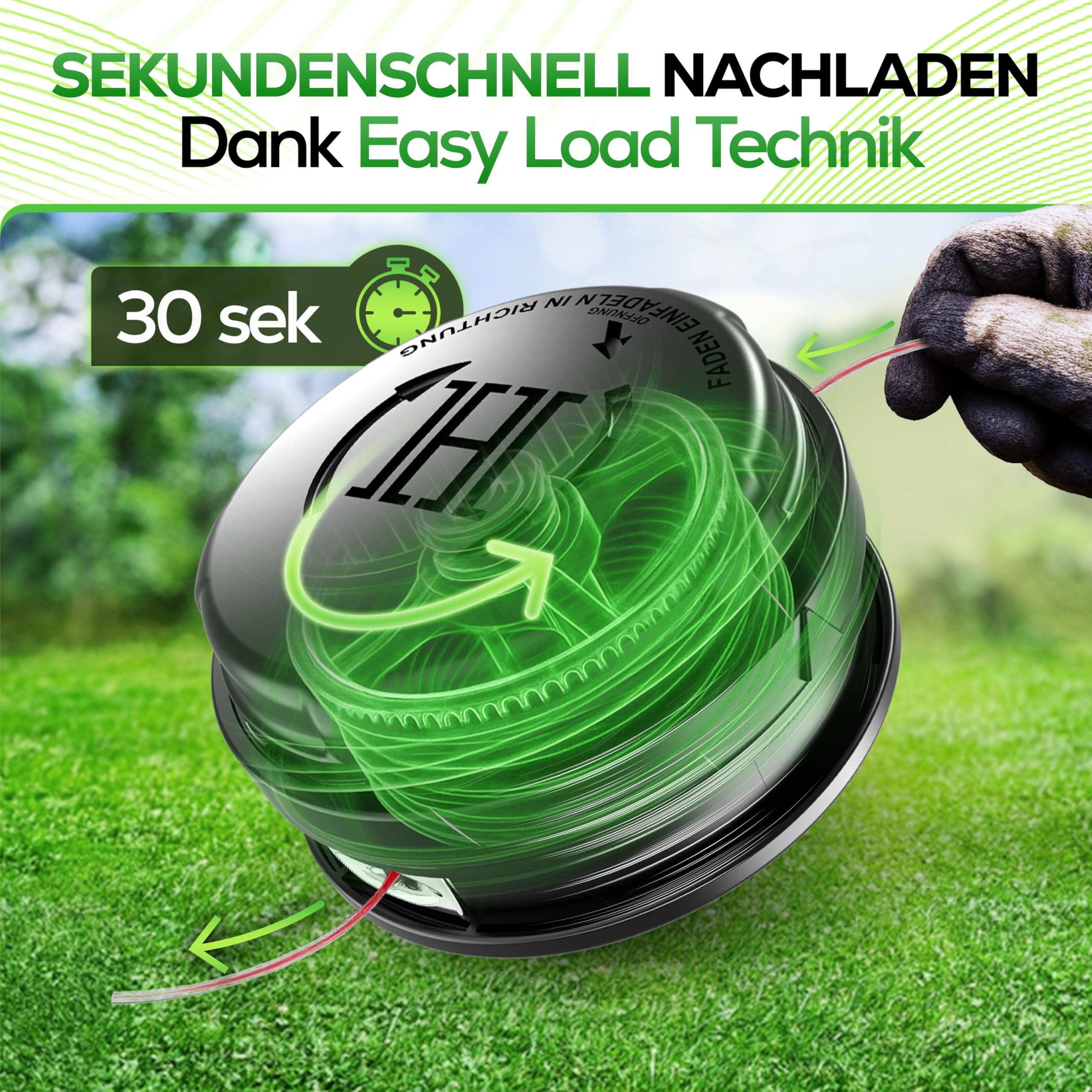 Heckenpracht® Fadenkopf für Motorsense LINKSGEWINDE mit Tap & Go System | Effizientes Rasenmähen mit Mähkopf für Freischneider mit Schnellladefunktion - Fadenspule inkl. 5 Adapter