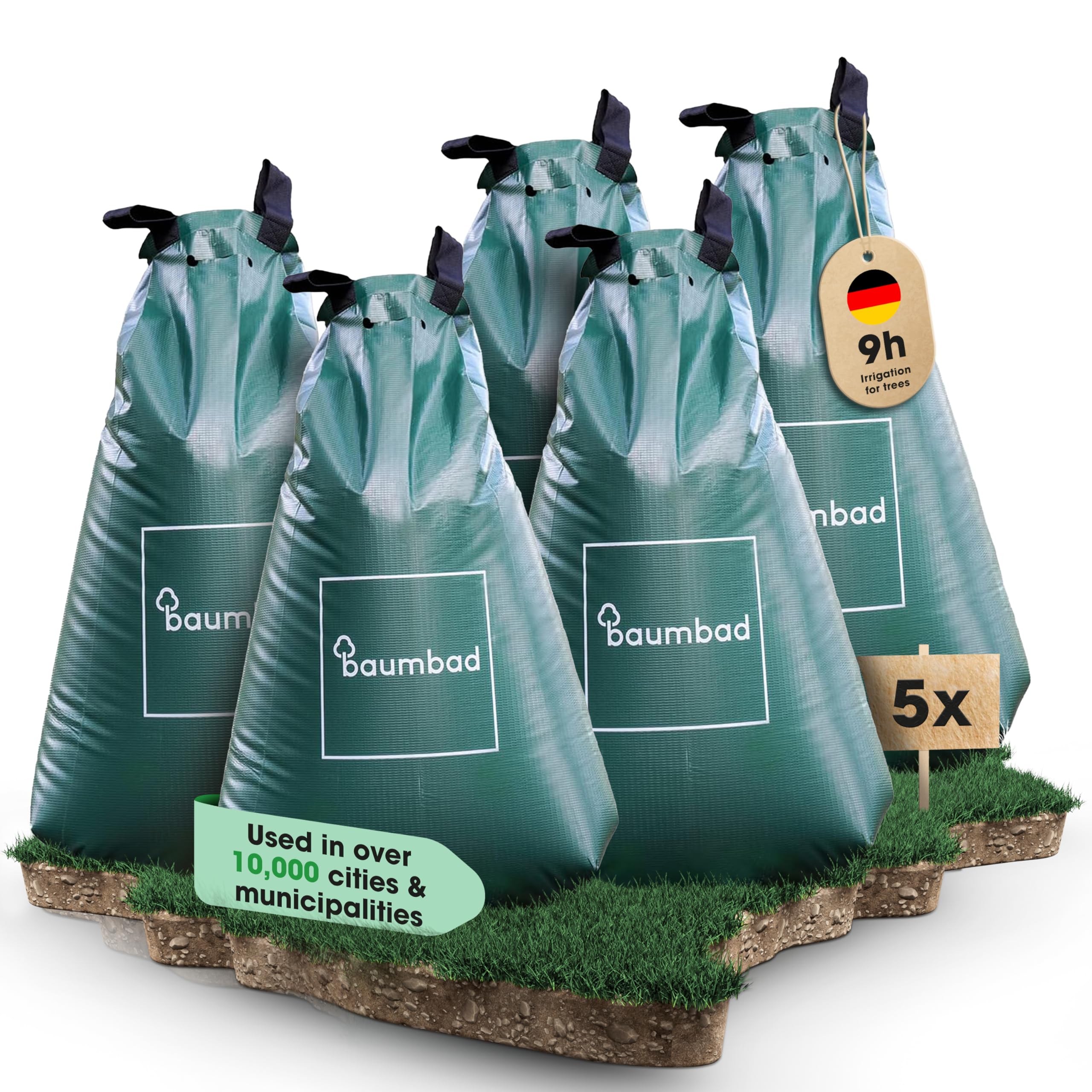 baumbad 5 Premium Watering Bags 75 Litres PVC UV Resistant Tree Bag for Watering in Green with Environmentally Friendly Packaging