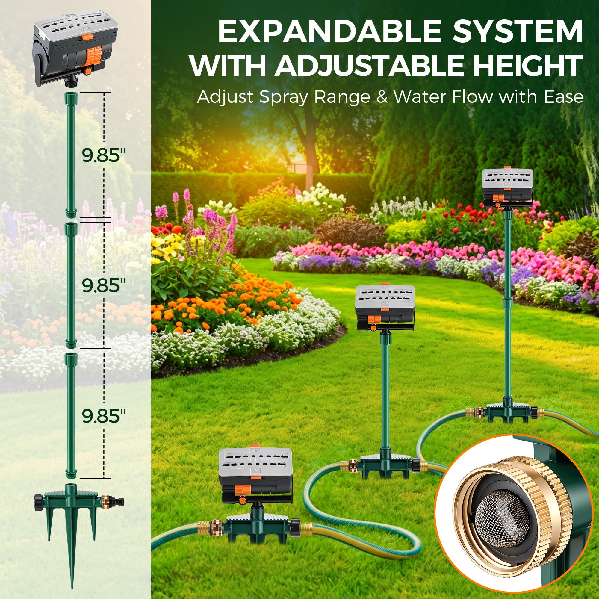 Aspersor de césped de metal para patio con base de pinchos, cabezal de aspersor oscilante mini turbo ajustable de 4 vías, incluye 3 unidades de elevadores de extensión apilables de 9.85