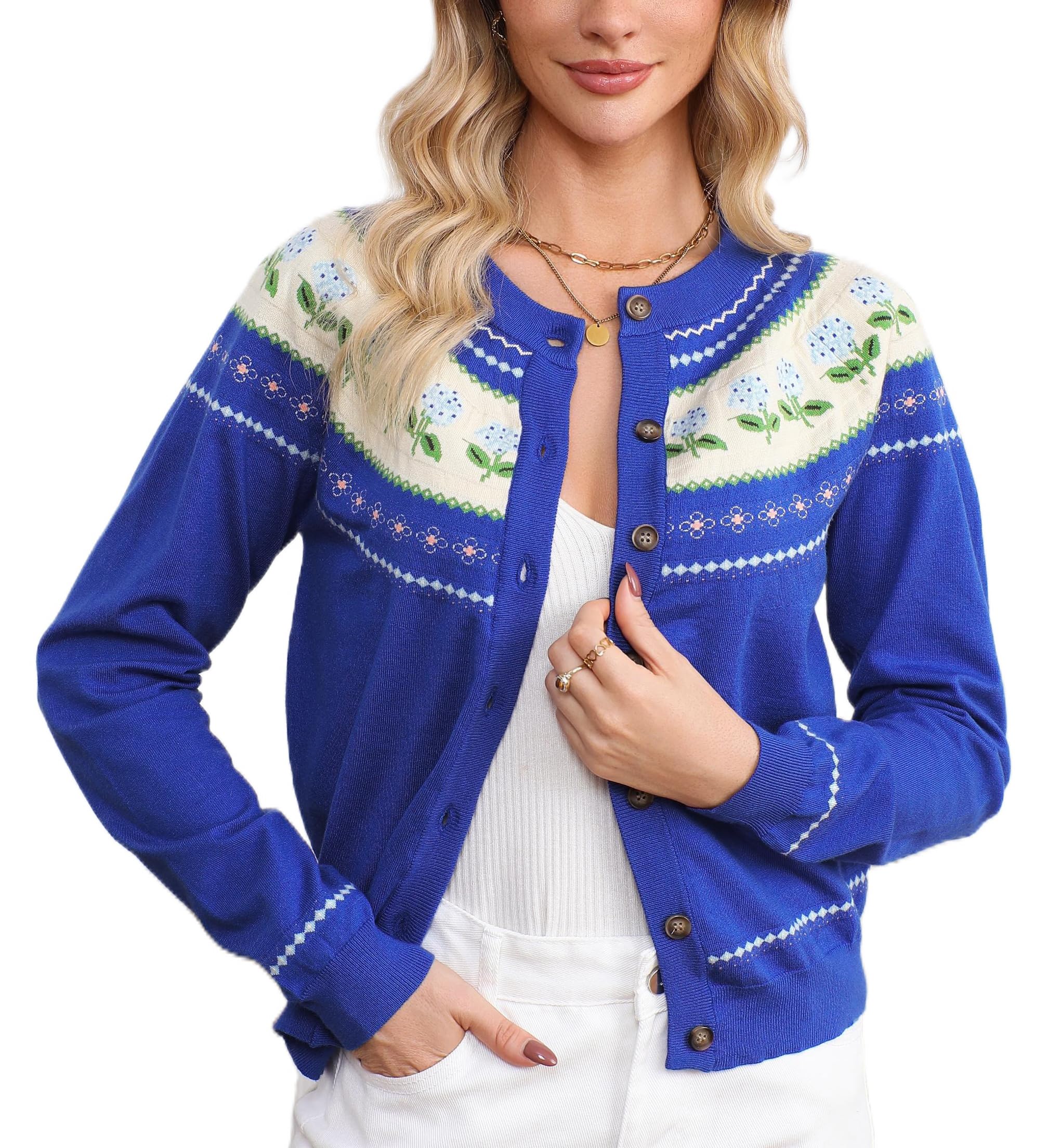 Womens Long Sleeve Open Front Cardigan Sweaters Button Down Crew Neck Floral Print Knit Fall Sweater Top Outerwear