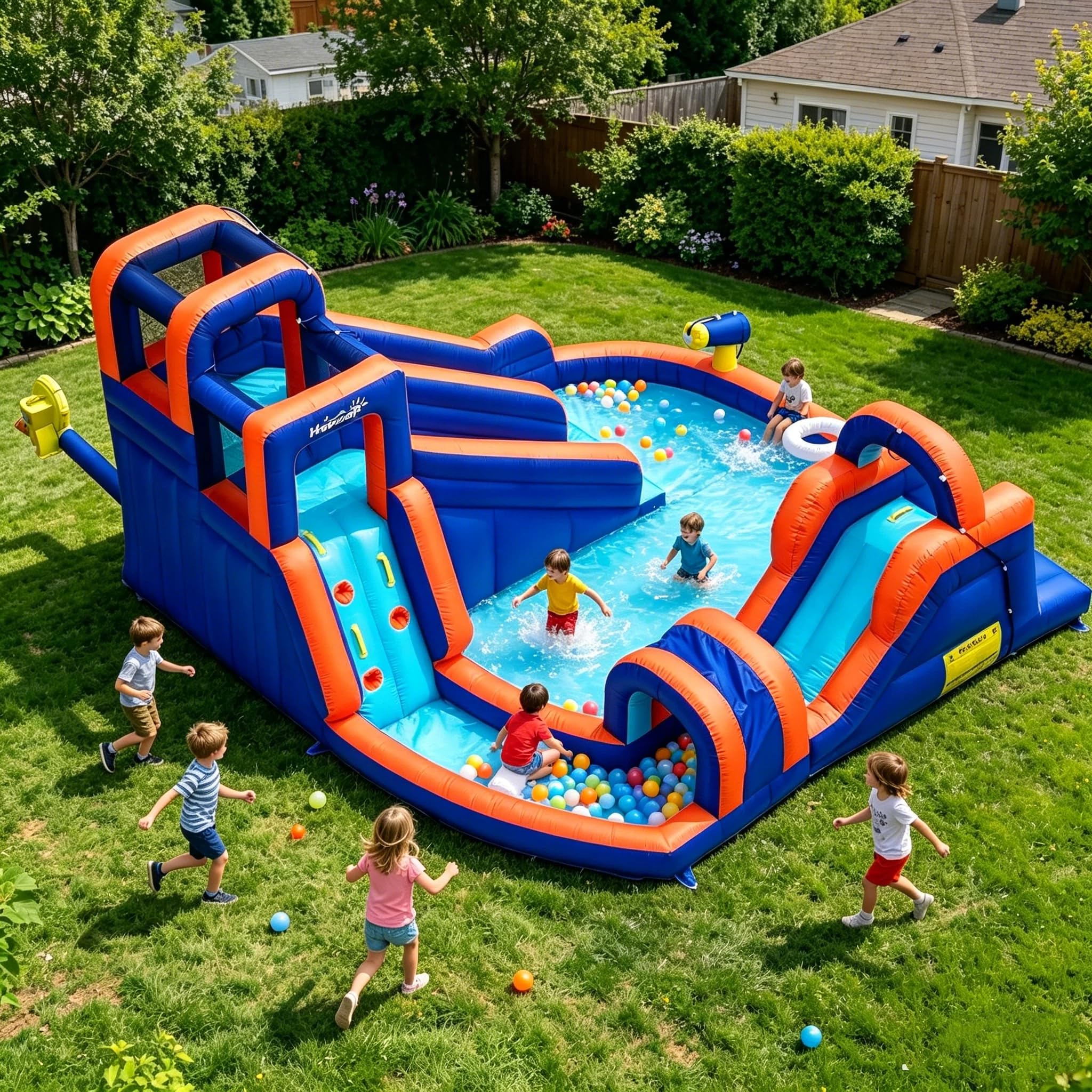 Hüpfburg mit Gebläse,Aufblasbarer Wasserpark mit Rutsche und Kletterwänden,Tunnel,Schwimmbecken, Wasserpistole,Geeignet für 5 Kinder im Alter von 3 bis 8 Jahren (420 x 410 x 240 cm)