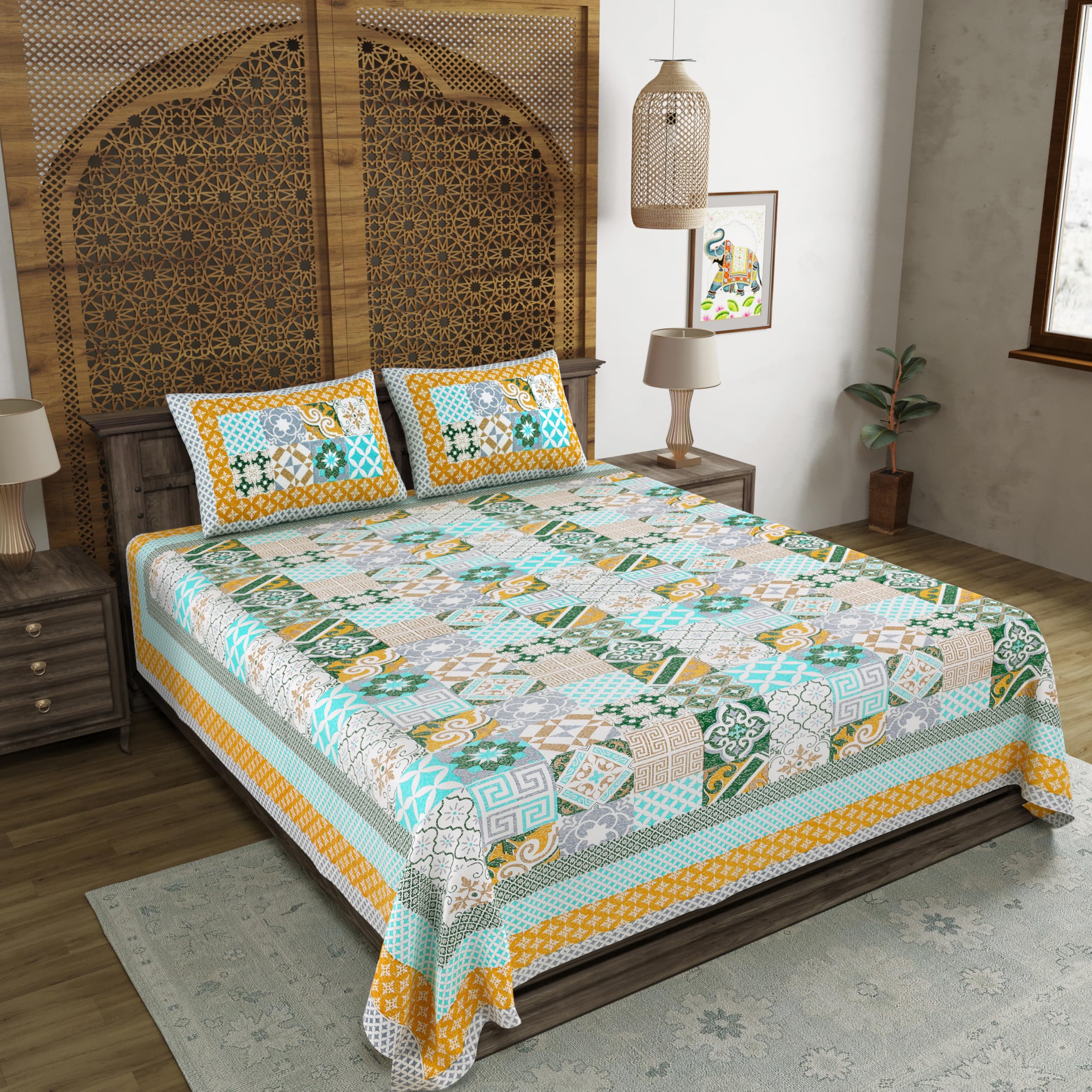 BLOCKS OF INDIA Hand Block Print Cotton King Size Bedsheet (Green CHOKDI)