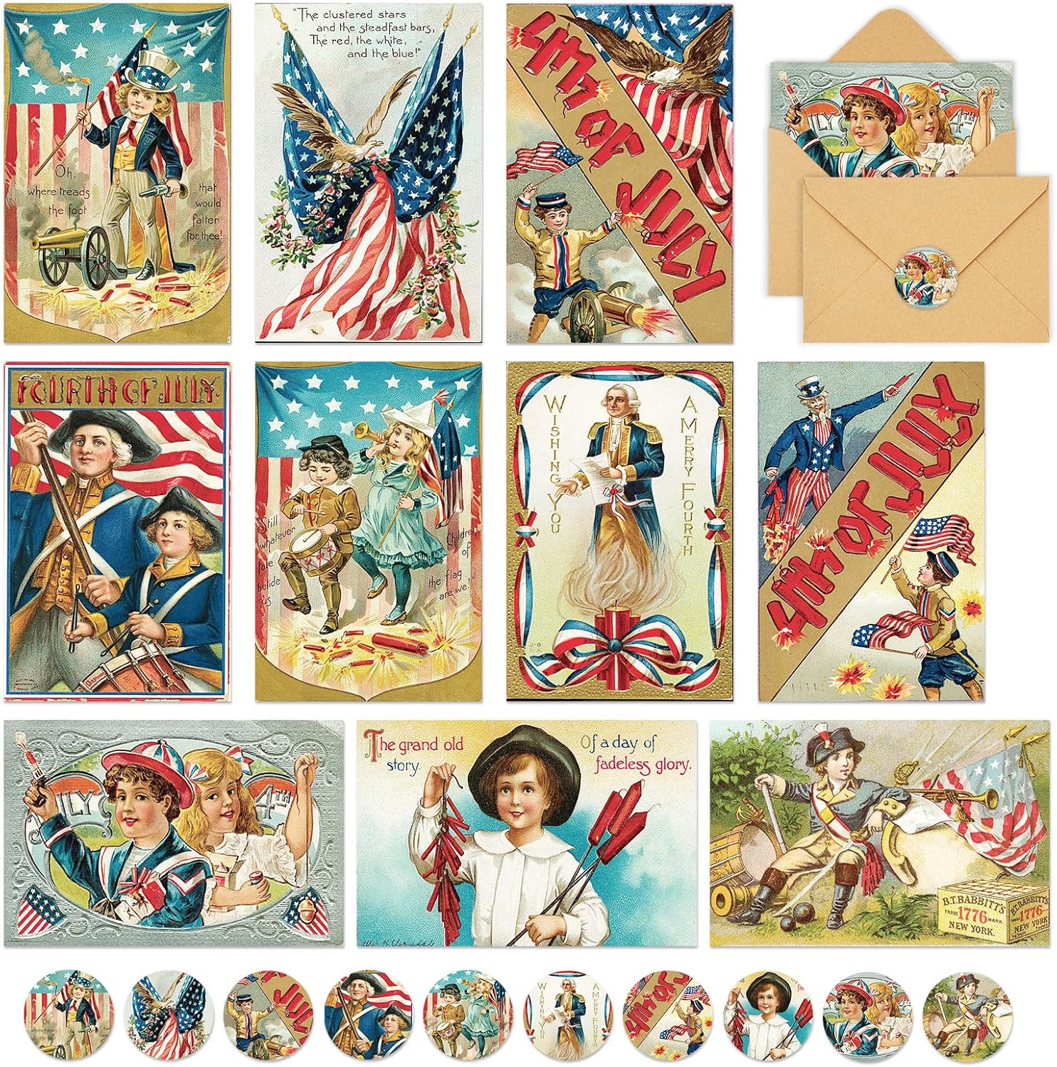 Whaline 40Pcs Patriotic Greeting Cards 10 Designs Vintage 4th of July Note Card with Stickers Envelopes for 250th Anniversary Independence Day Party Favors Classroom Home Office Supplies