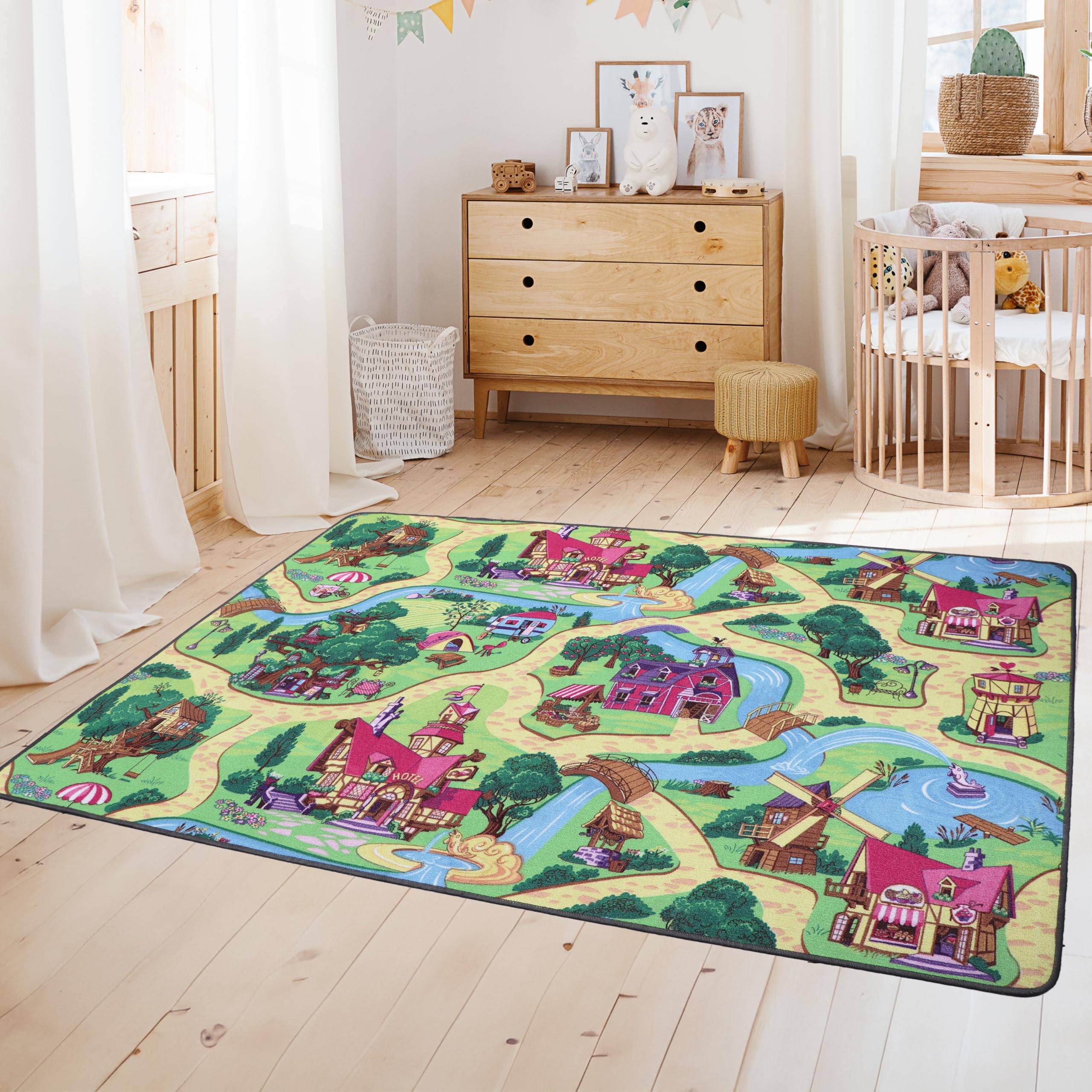 Primaflor Kinderteppich CANDY TOWN rosa 160 x 200 cm Interaktiver Straßenteppich mit Märchenkulisse, kurzflorige Kindermatte mit Straßen und Flüssen, CE geprüft, pflegeleicht, Fußbodenheizung geeignet