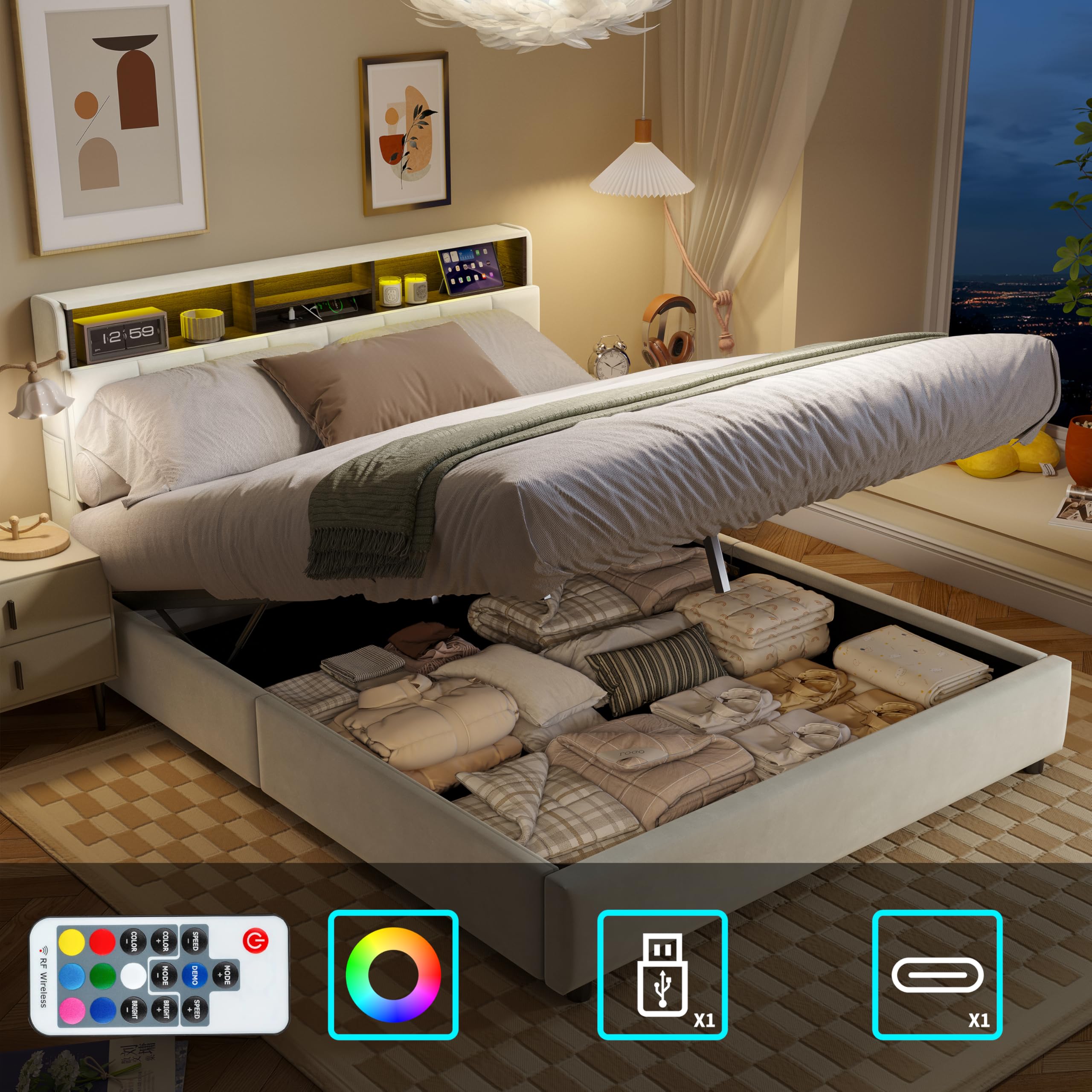 Letto Contenitore Matrimoniale 160x200 cm con LED e USB, Struttura Letto King Size con Alzata a Gas Idraulica, Letto Imbottito, Beige