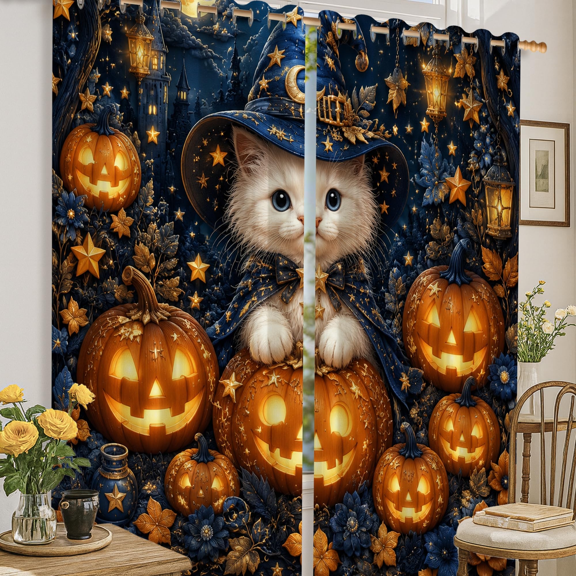 Rideau occultant Halloween orange à étoiles pour bloquer la lumière du salon