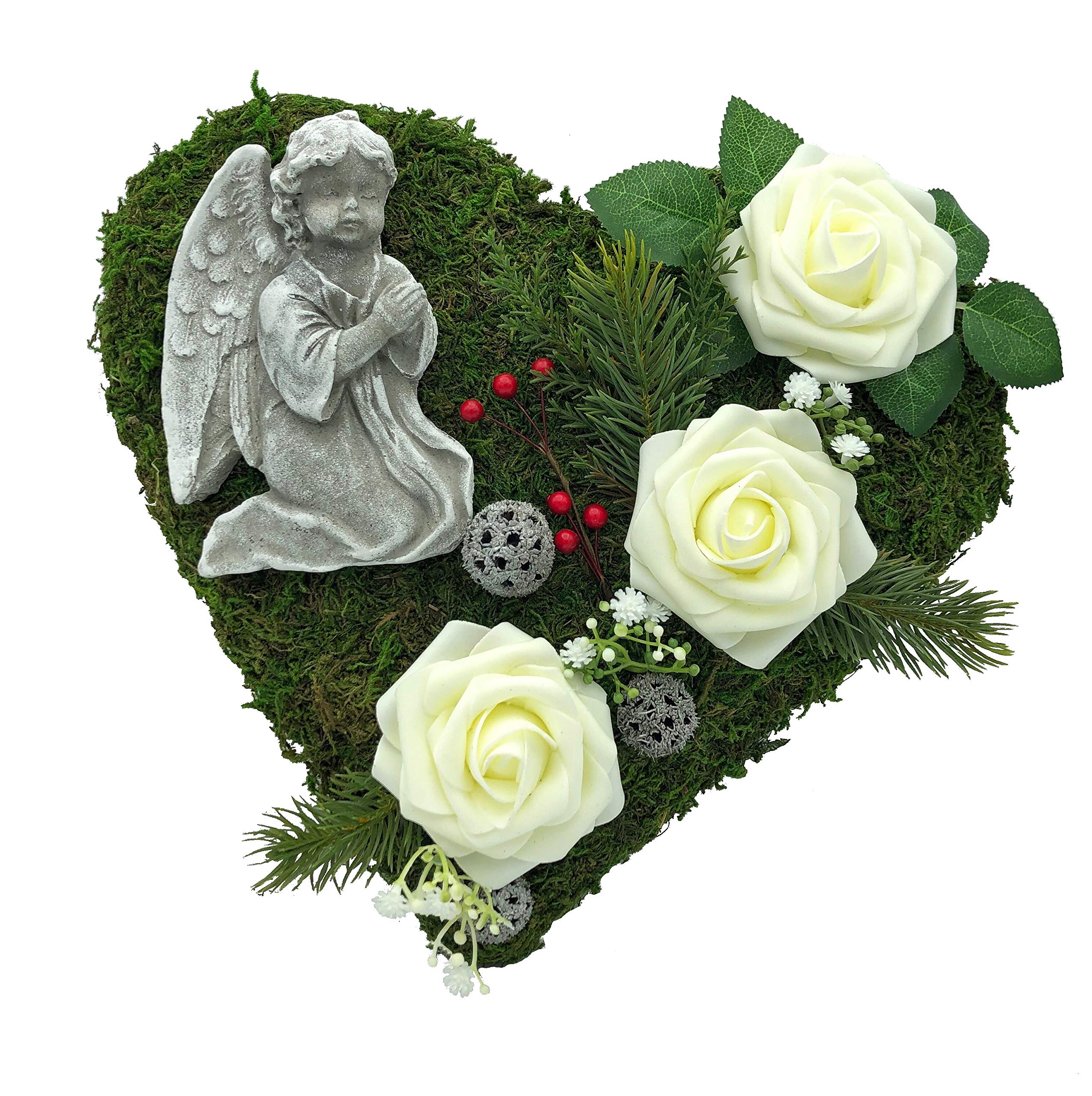 Radami Grabgesteck Grabschmuck Grabaufleger Moosherz Grabherz Trauerherz Grab Herz Gesteck Rosen mit Engel (Rosen Weiß)