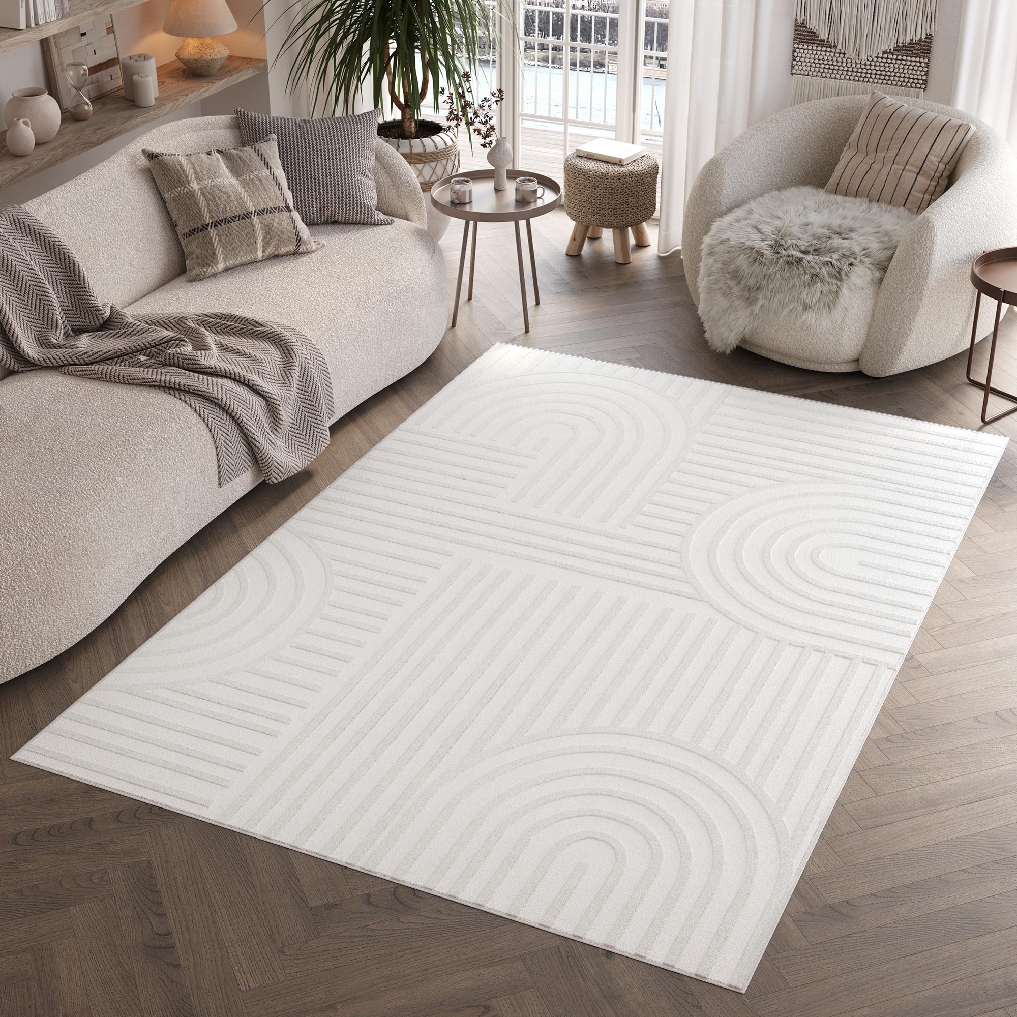 TAPISO Hygge Alfombra de Pelo Corto Efecto 3D Interior Diseño Moderno Geométrico Crema Blanco Alfombra de Salón Dormitorio Habitación Infantil Oeko-Tex 200 x 300 cm