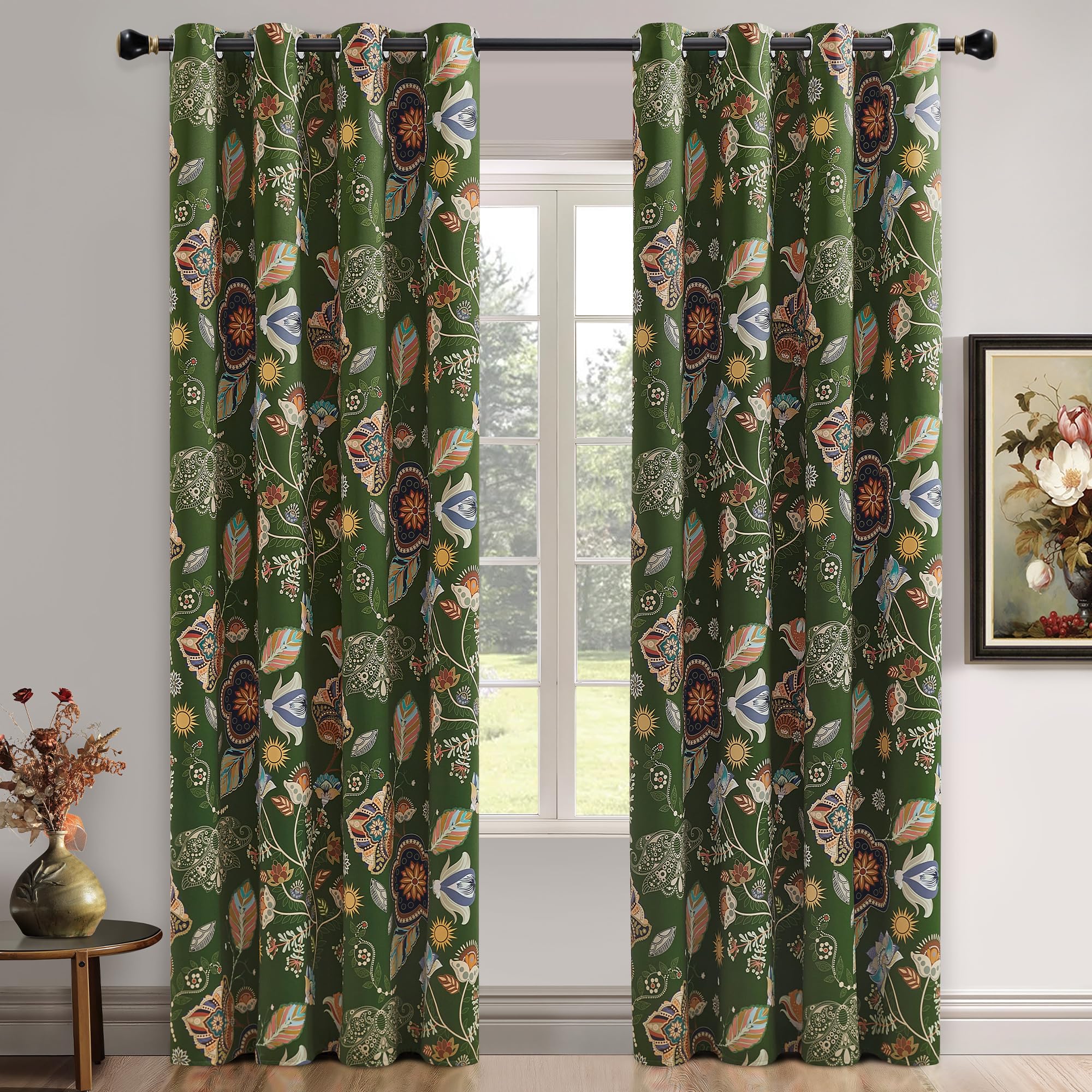 XiDi Botanical Green Blackout Curtains 84 Inches 2 Panels Moss Thermal Insulated Bedroom Grommet Noise Reducing Moss Green52/84