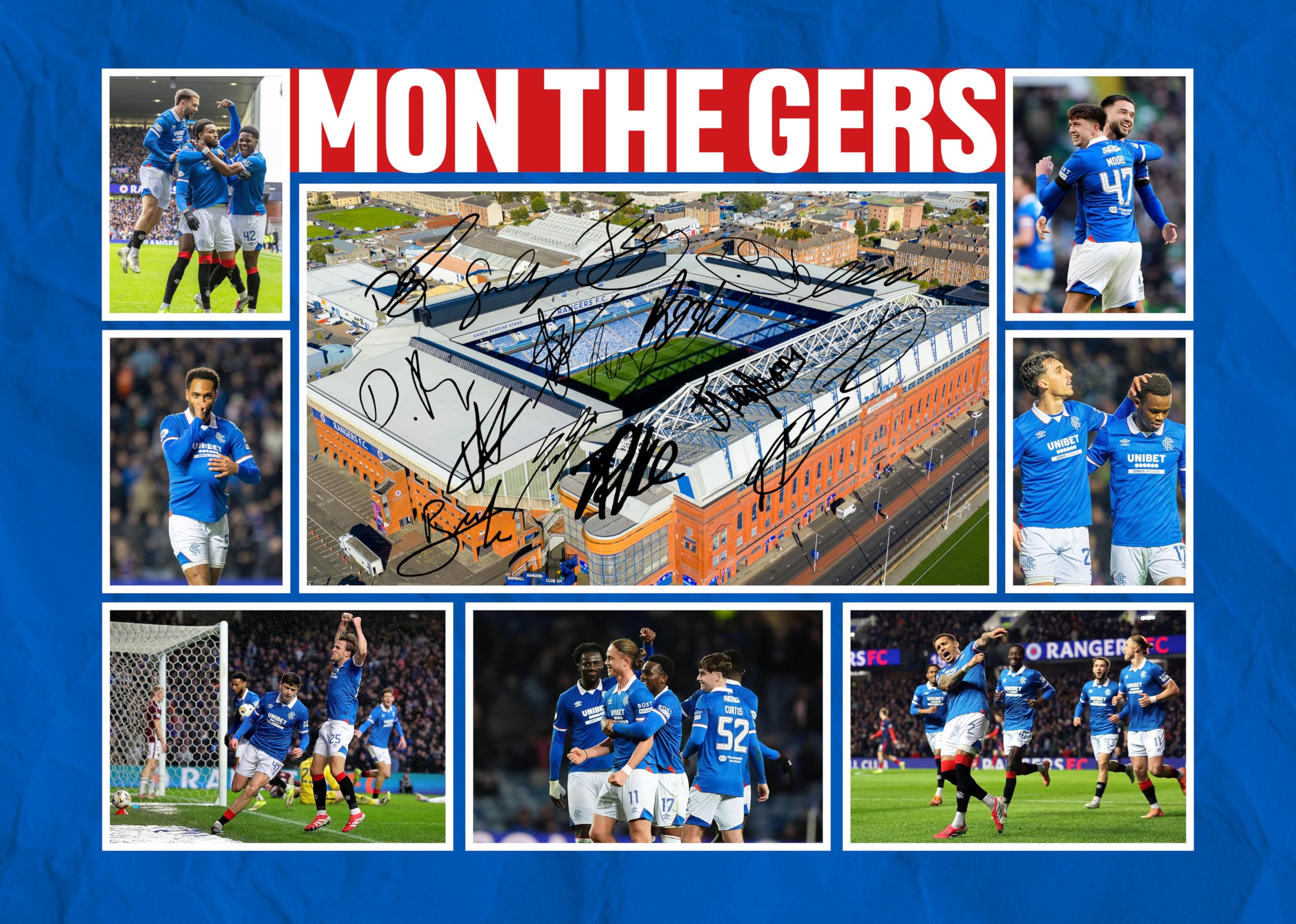 RJR PRINTS Rangers ' Mon The Gers ' Team Football Players Multi Signed A4 Montage Photo Print Which Would Make A Great Gift For Any Fan.