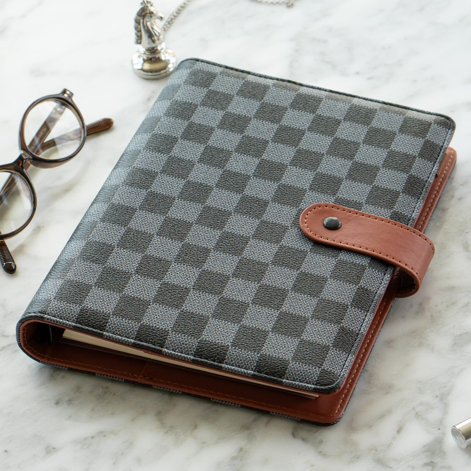 Photo 1 of **A FEW RINGS BROKEN**DAILY RITMO® A5 Black Checkered Planner with Brown Red | PU Leather Six Ring Cover