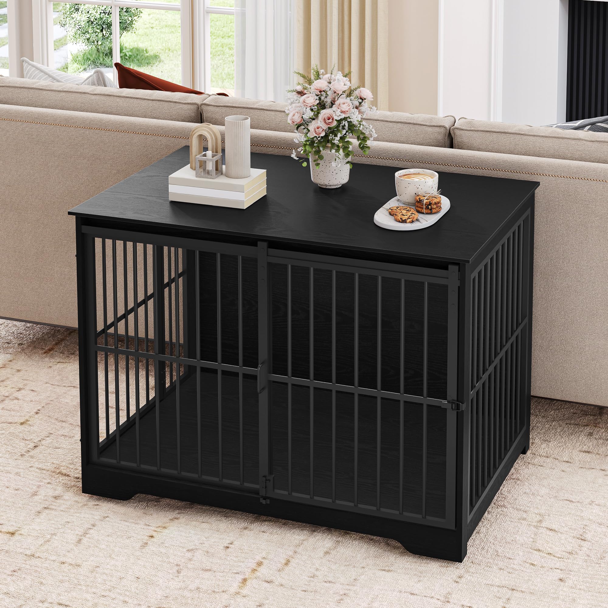 Hzuaneri 110cm Cage pour Chiens, Table d’Appoint, Niche Moderne pour Chiens, Cage pour Chiots, Maisonnette pour Animaux, 2 Portes, 110 × 65 × 81 cm, Noire DFC84404B