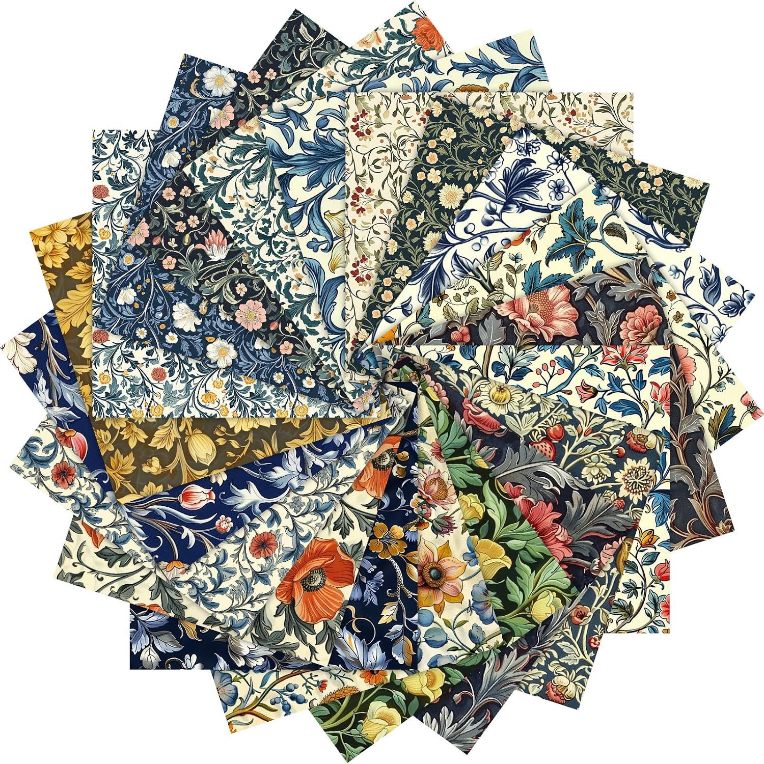 Tudomro 20 Pcs Vintage William Morris Fabric Squares 20 x 20 Inch Cotton Floral Fabric Bundles Retro Wildflower Printed Fat Quarters Precut Patchwork Material for Sewing Quilting DIY Craft Supplies