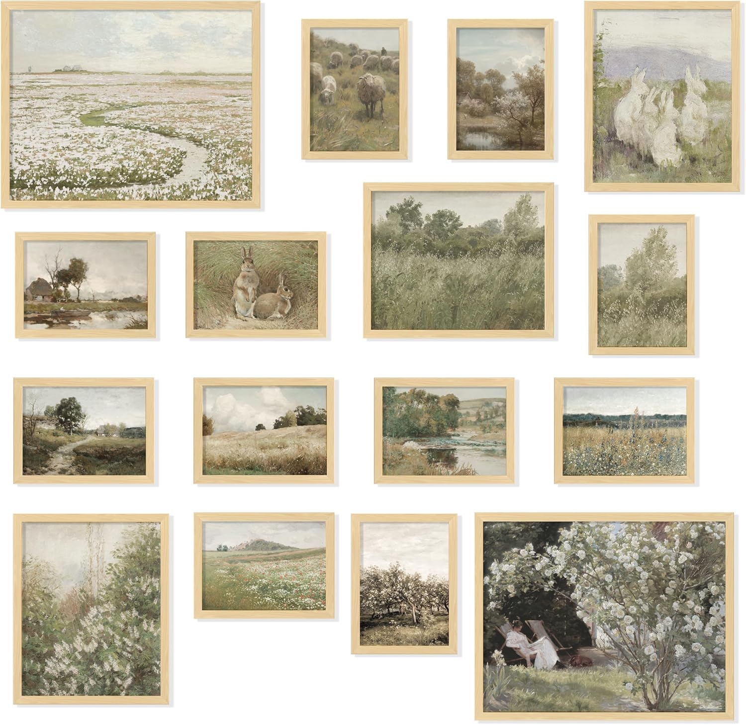 97 Decor Vintage 11X14 16PCS FRAMED Wall Art – Framed Vintage Wall Art Prints, Vintage Posters For Room Aesthetic, Lanscape Prints For Wall Decor, Moody Gallery Wall Pictures Botanical Paintings For Home Bedroom (BEIGE FRAME)