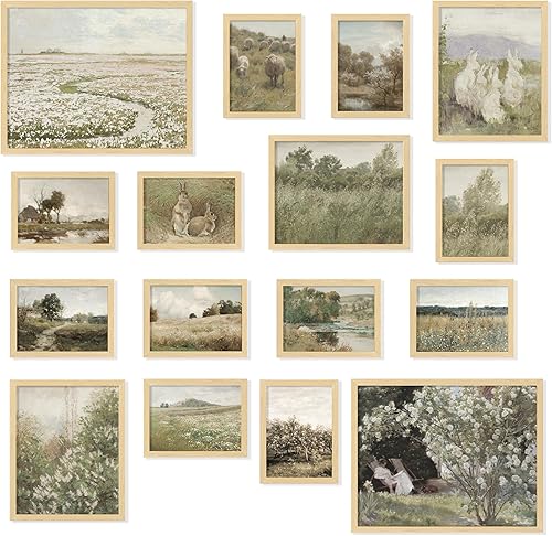 97 Decor Arte de pared vintage de 11 x 14 pulgadas, 16 piezas enmarcadas de arte de pared vintage, pósteres vintage para estética de habitación,