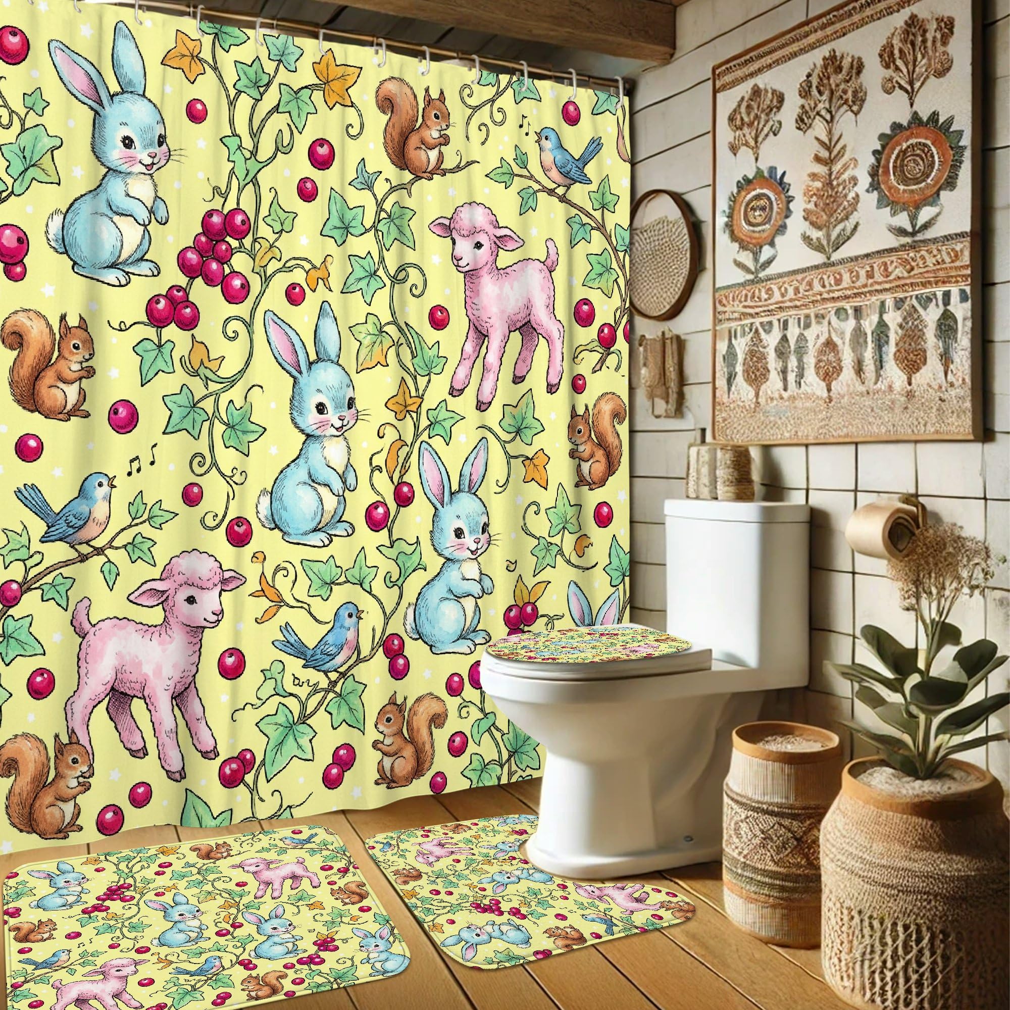 Rideau de douche motif lapin et écureuil jaune pour une salle de bain douce et joyeuse