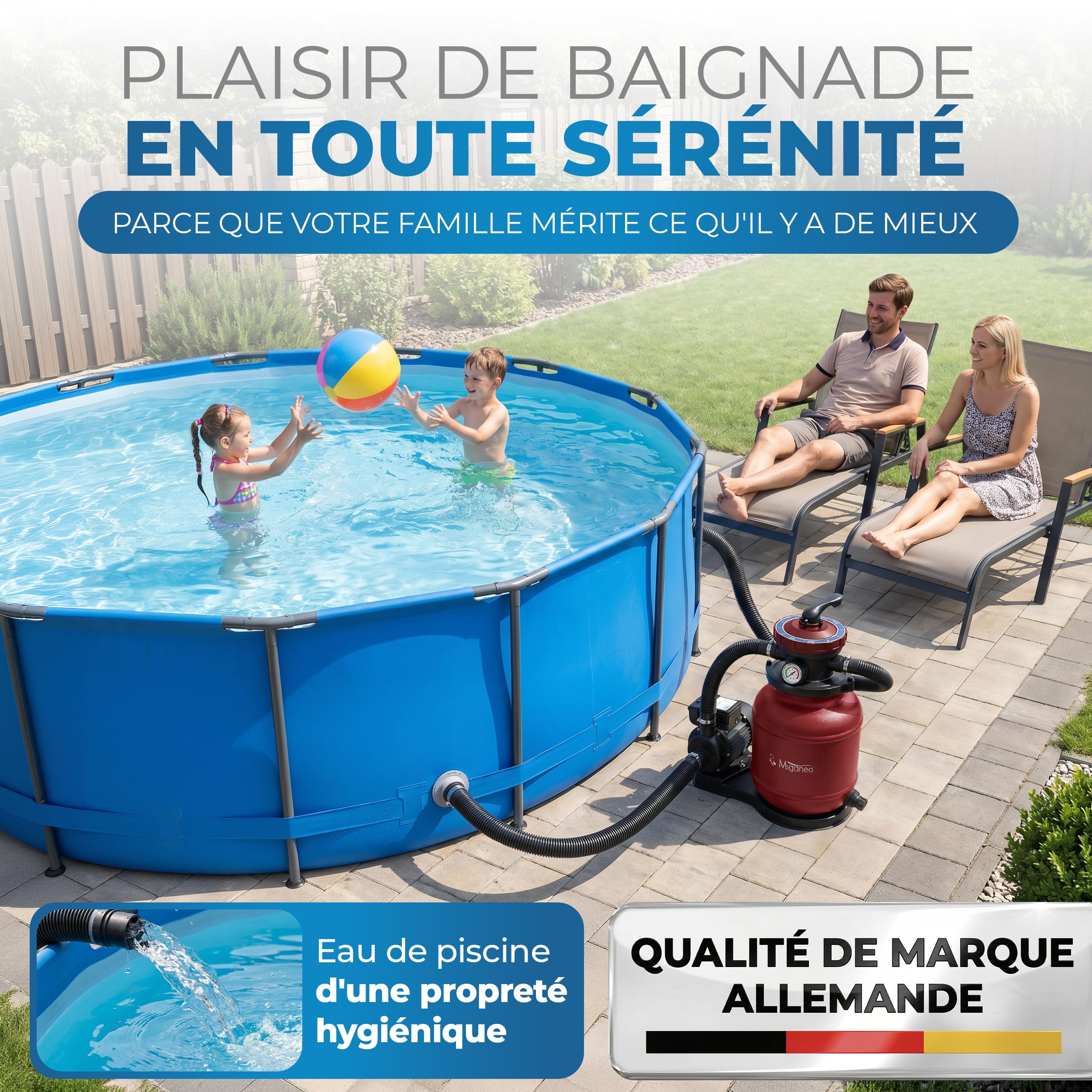 Miganeo Speed Clean Dynamic 6500 Système de filtration à sable Rouge Puissance de la pompe 4 500 l/h Capacité du filtre 3 900 l/h Système de filtration pour piscines jusqu'à 19 000 litres Économie