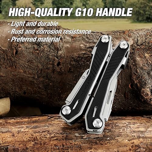 Miniatura 5 de FLISSA Multiherramienta 16 en 1 con mango G10, regalos para hombres, multiherramienta EDC de acero inoxidable con cuchillo de bolsillo, alicates,