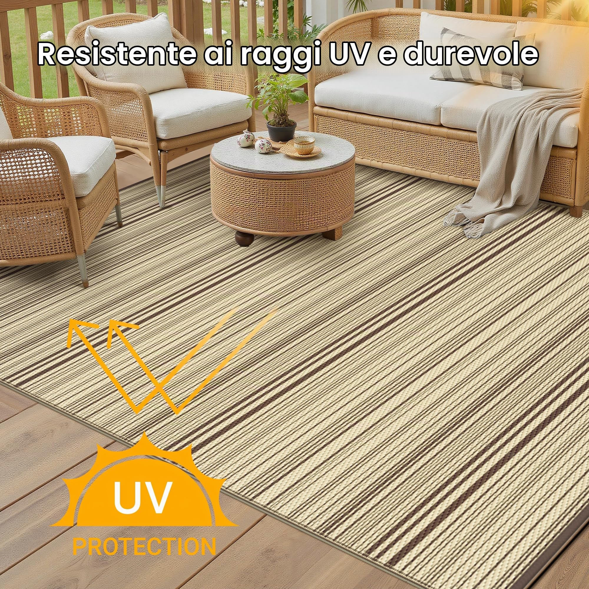 GENIMO Tappeto per Esterni 5x8 FT (150x240 cm), Impermeabile Reversibile con Strisce Beige e Marrone per Giardino, Terrazza, Salotto Esterno – Design Moderno Naturale
