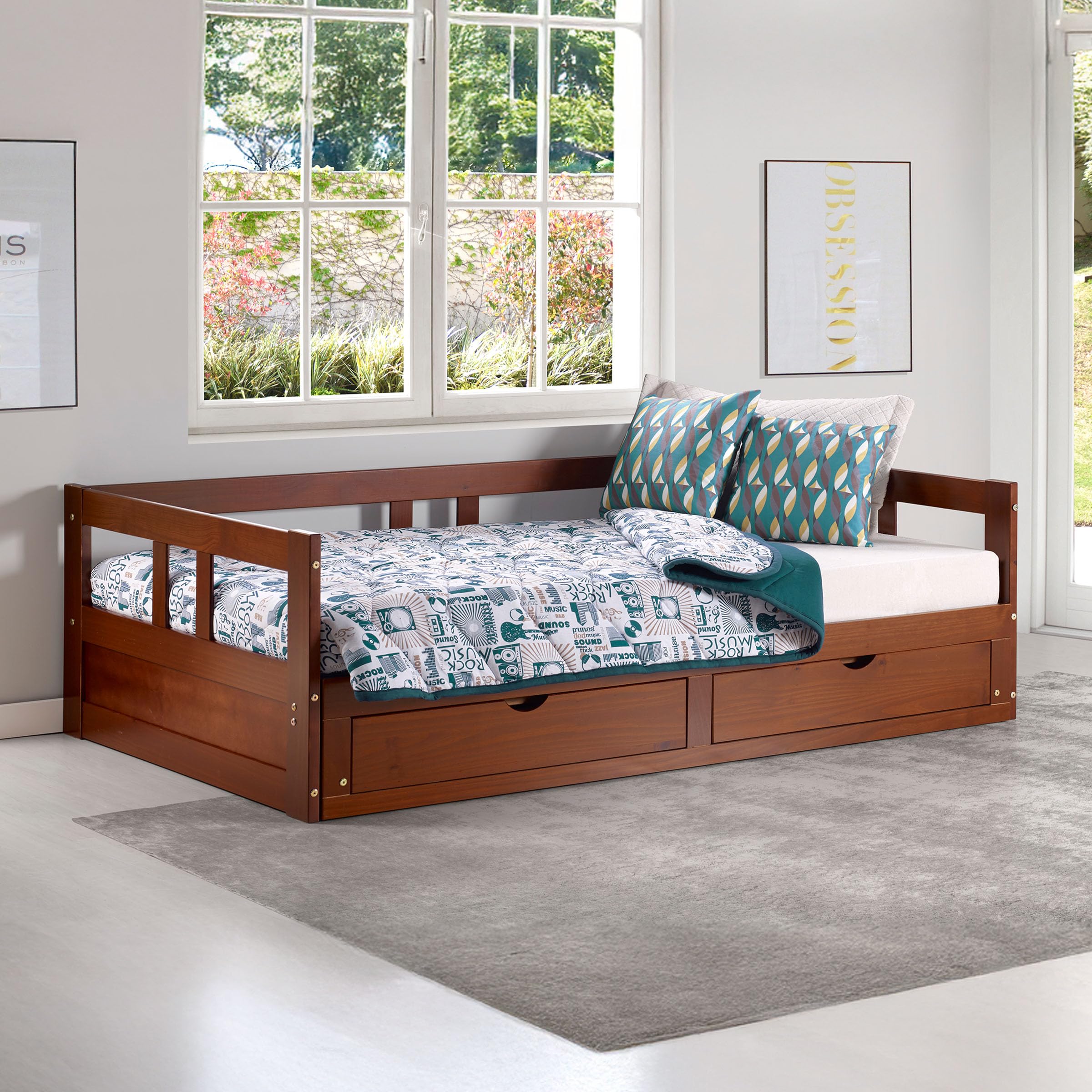 Alaterre FurnitureMelody Extendable Daybed Frame with Trundle and Storage Drawers, Brazilian Pine Wood King-Size Bed for Kids Bedroom Furniture, 200 Pound Capacity, Multiple Finish Options