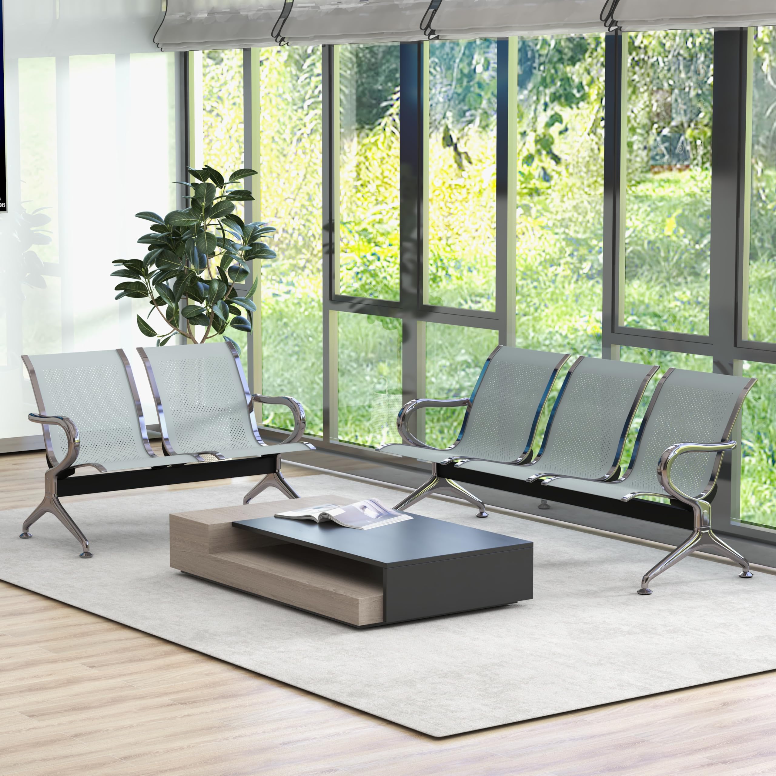 Kinsuite 5-Seat Reception Chair - 2pcs Waiting Room Chairs with Arms & Stainless Steel Frame, Waiting Room Bench, Lobby Chairs for Office Airport Bank Hospital, Silver
