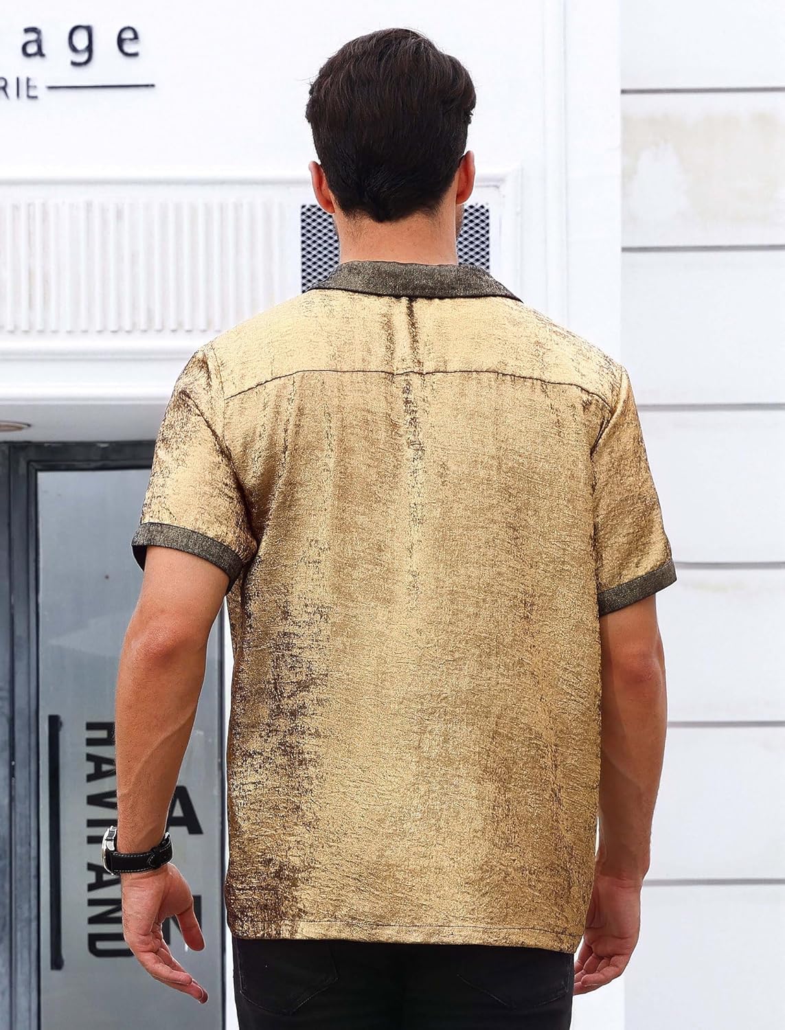 ODIZLI Men's 70s Disco Costume Sparkly Shirt Metallic Button Down Shirts Party Nightclub Shirt Short Sleeve