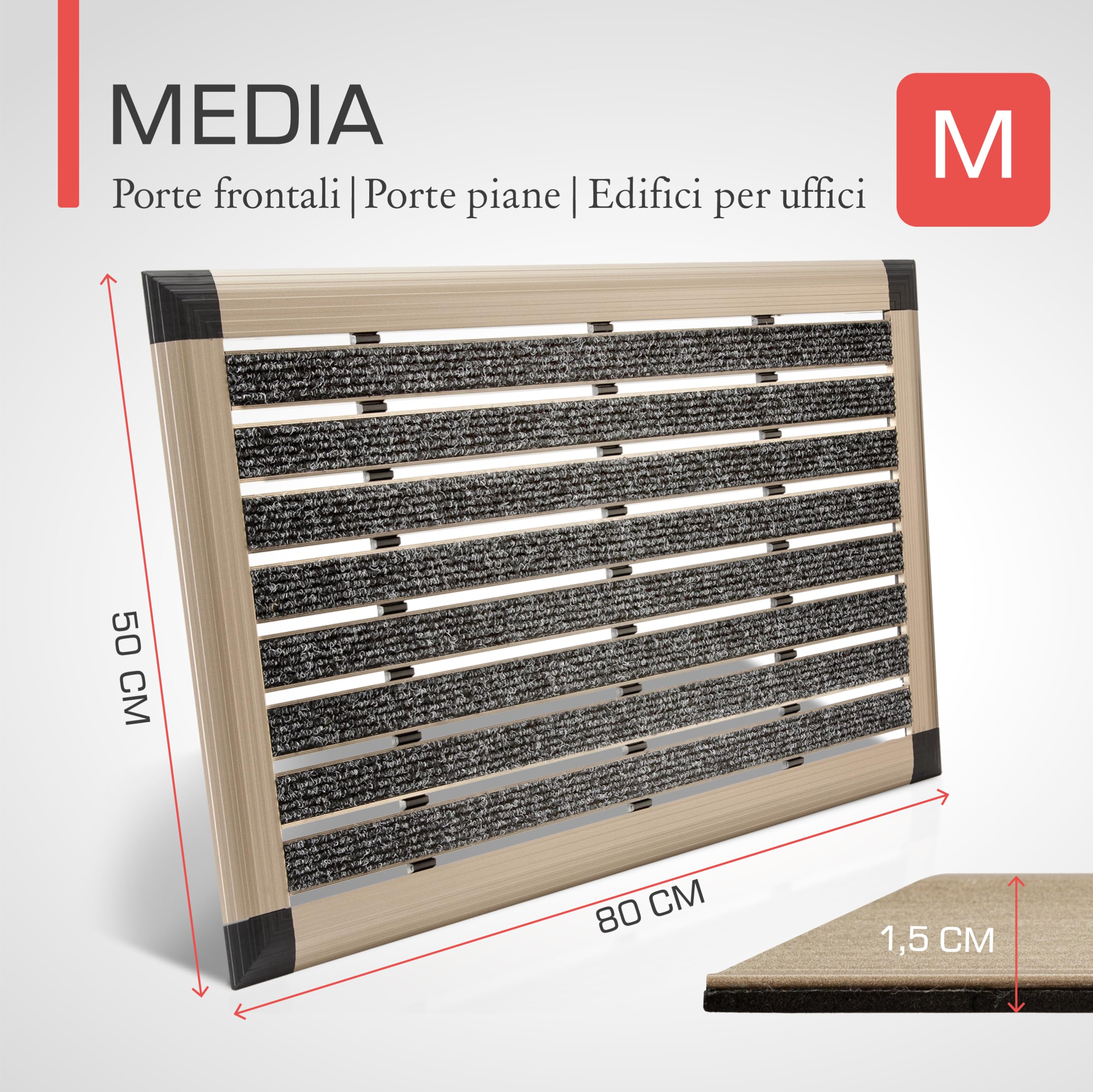 bomoe zerbino in alluminio per porte d'ingresso con passatoia in gomma | 50x80cm Champagne metallizzato tappetino per uso esterno e interno Antiscivolo battitappeto raschietto scarpe AluGant