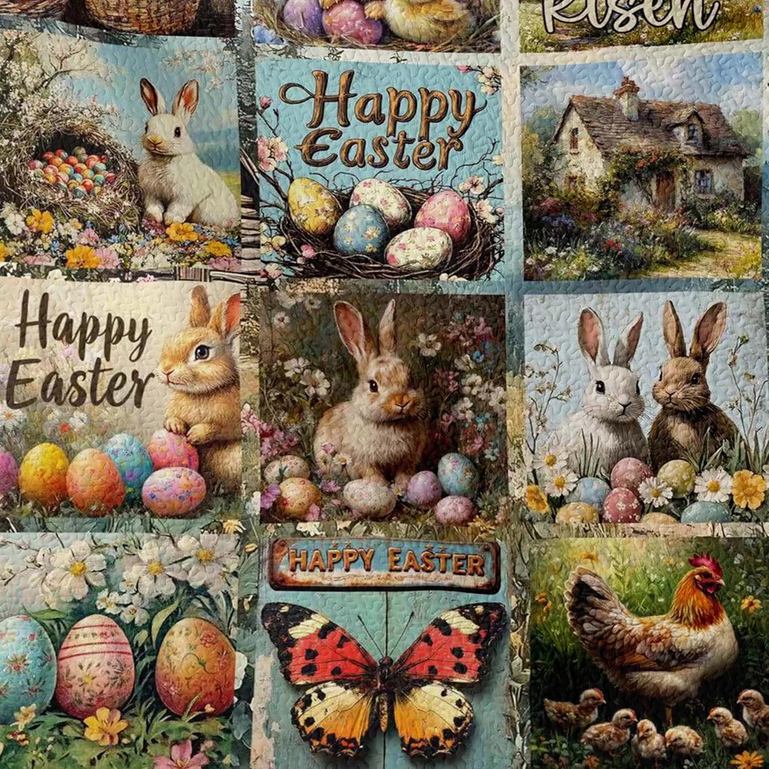 NIDITW 3-Piece Easter Patchwork Quilt Set Queen Size Rabbit Butterfly Egg Bedspread with 2 Pillow Shams Soft Lightweight Microfiber Bedding Set Coverlet Home Decor Gift for Boys Girls (Blue, Queen)