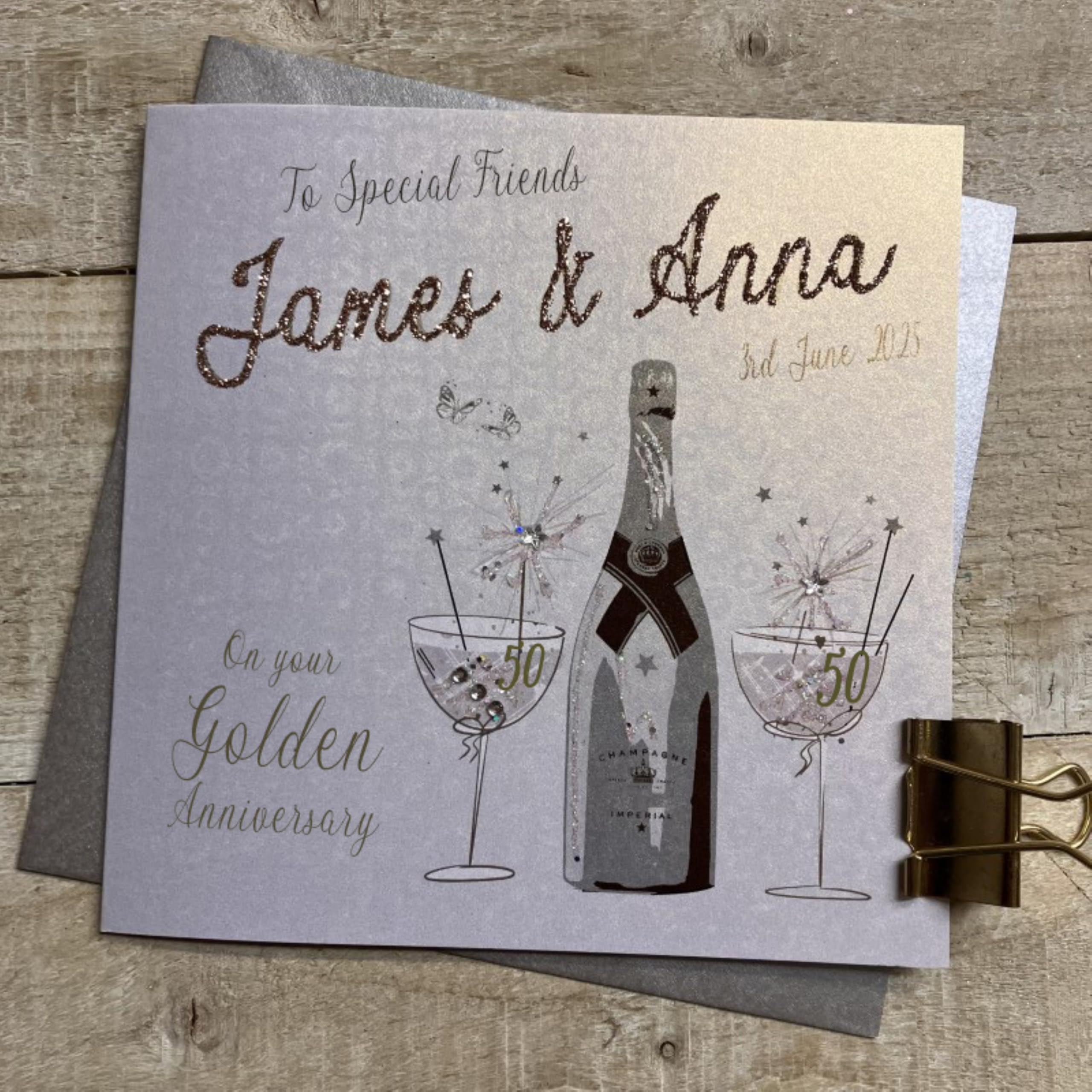 WHITE COTTON CARDS PERSONALISED - GOLDEN 50TH ANNIVERSARY CARD - SPECIAL FRIENDS SILVER & GOLD CHAMPAGNE BOTTLE & GLASSES DESIGN (P24-15-50SF & XP24-15-50SF)
