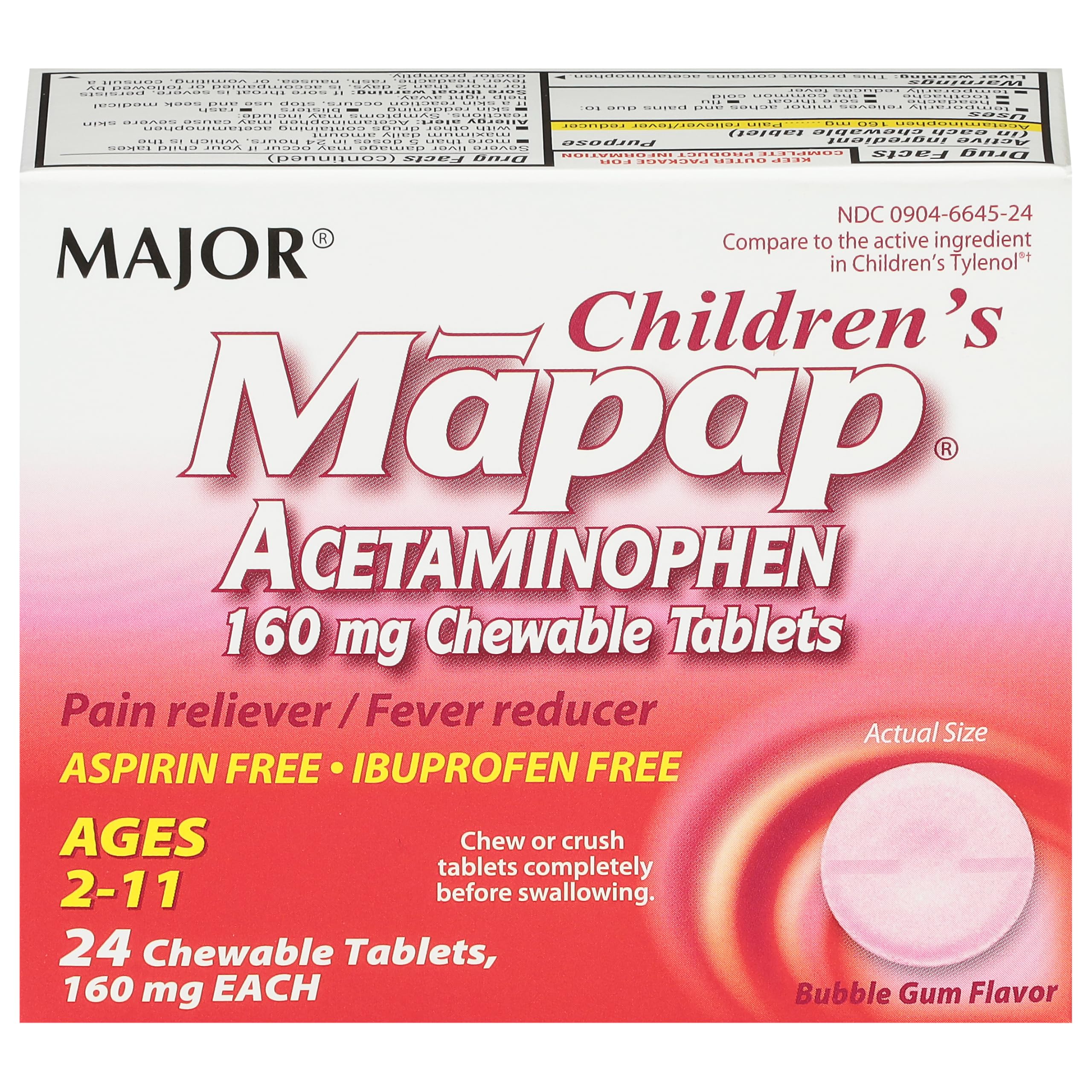 MAJOR Children’s Mapap Acetaminophen 160 mg Chewable Tablets - Pain Reliever/Fever Reducer - Aspirin Free - Ibuprofen Free - for Ages 2 to 11-24 Count (1 Pack)