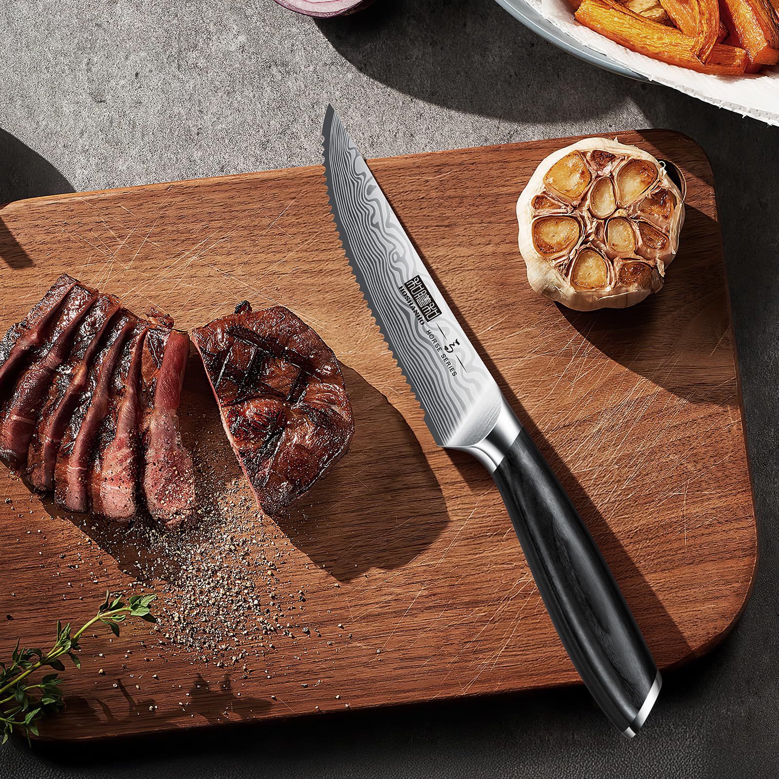 HOSHANHO 6-Teilig Steakmesser-Set, 11,5 cm Steakmesser Set mit Japanischer Wellenschliffklinge, Ultrascharfes Steakmesser aus Pulverisiertem Kohlenstoffstahl mit Pakkaholzgriff