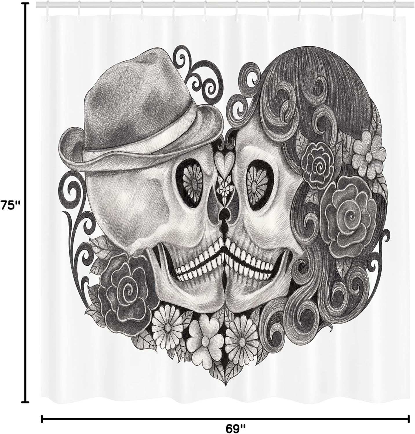 Ambesonne Gothic Shower Curtain, Art Skull with Hat All Saints Day Mexico Culture Festival Floral Illustration, Cloth Fabric Bathroom Decor Set with Hooks, 69" W x 75" L, Charcoal Grey