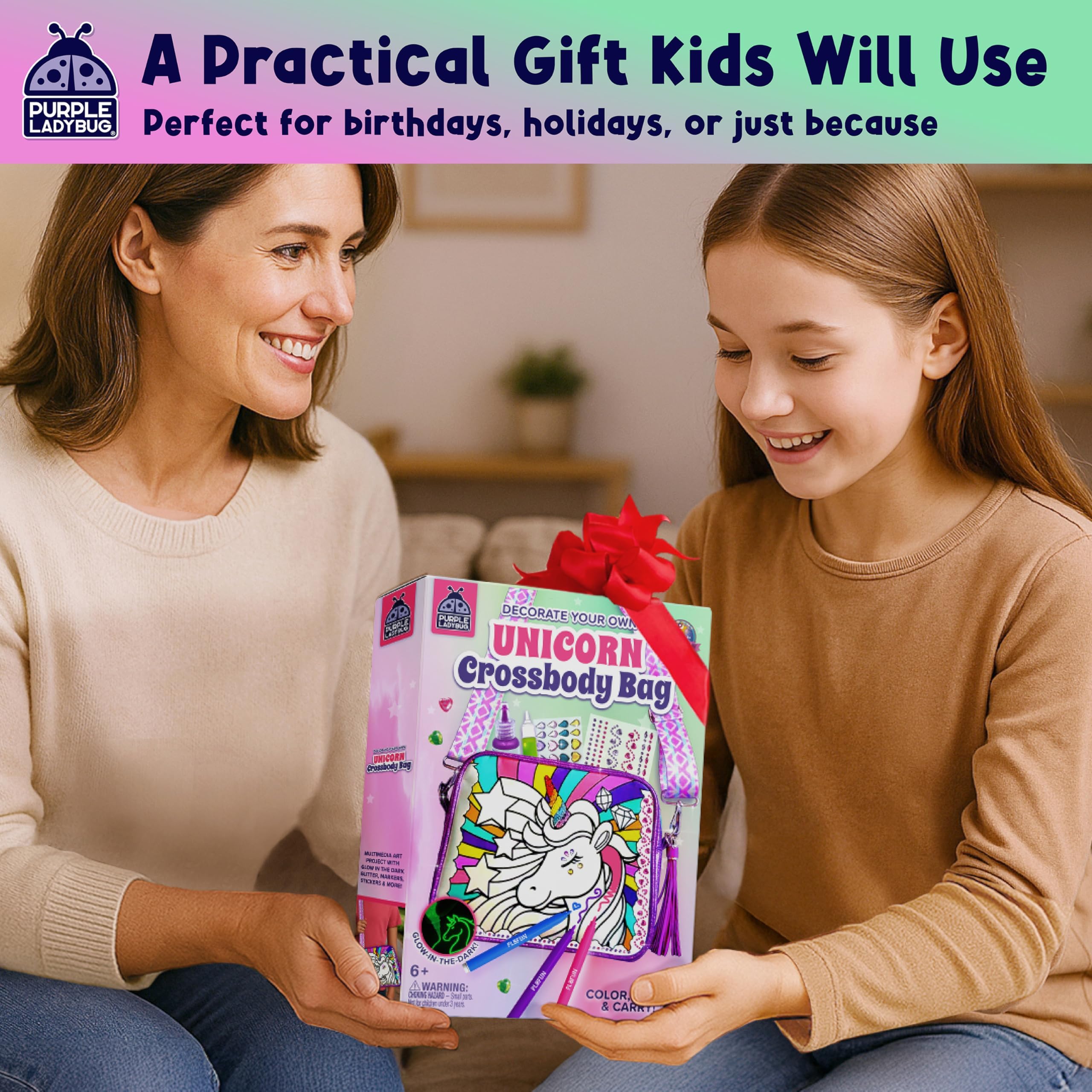 Decora tu propio kit de bolsa cruzada de unicornio, regalos de Navidad para niñas con bolígrafo con purpurina que brilla en la oscuridad, calcomanías de gemas y pintura de tela, ideas de regalo de 2