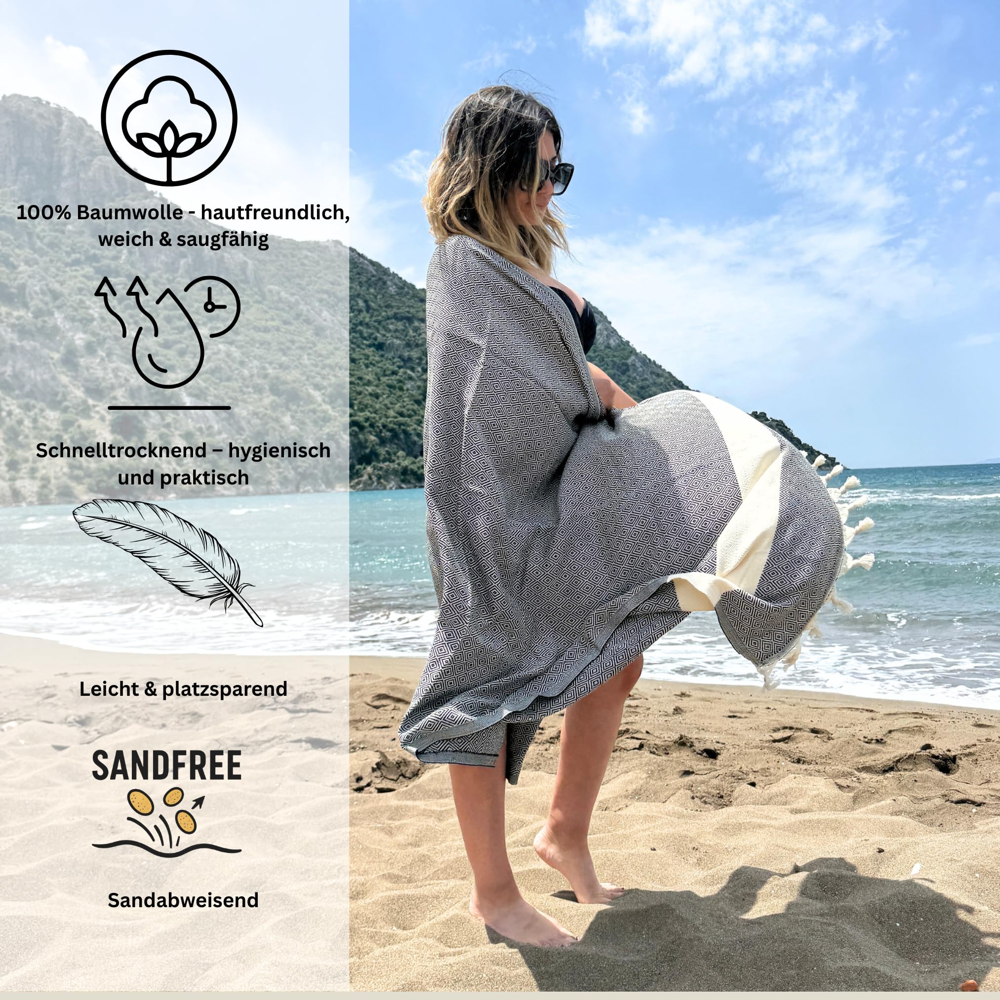 Sallder® Elmas Hammam Towel 100 x 180 cm, 100% Cotton, Sauna Towel & Beach Towel - Image 2
