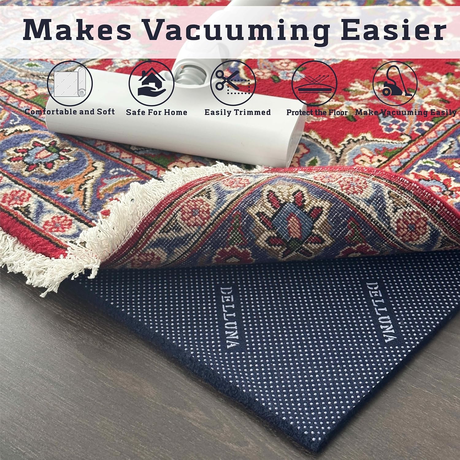 DELLUNA Non-Slip Area Rug Pad 1/4" Thick Double Side Rubber + Felt, 5'x7' Premium Deluxe Cushioned- Safe for All Floors, Adds Comfort and Protection, Ultra Strong Grip, Stop Rug from Moving.
