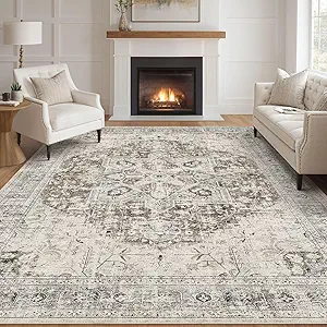 Tortania Area Rug Living Room Rugs - 10x14 Washable Boho Rug Vintage Oriental Distressed Farmhouse Large Thin Indoor Carpet for Living Room Bedroom Under Dining Table Home Office - Brown Blue