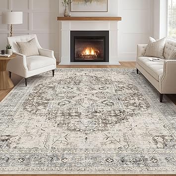 Tortania Area Rug Living Room Rugs - 8x10 Washable Boho Rug Vintage Oriental Distressed Farmhouse Large Thin Indoor Carpet for Living Room Bedroom Under Dining Table Home Office - Brown Blue