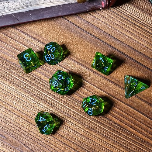 Miniatura 6 de UDIXI Juego de 7 dados poliédricos, 7 dados DND verdes rellenos con lazo para juegos de rol como juegos de mesa MTG de Calabozos y Dragones, D&amp;D
