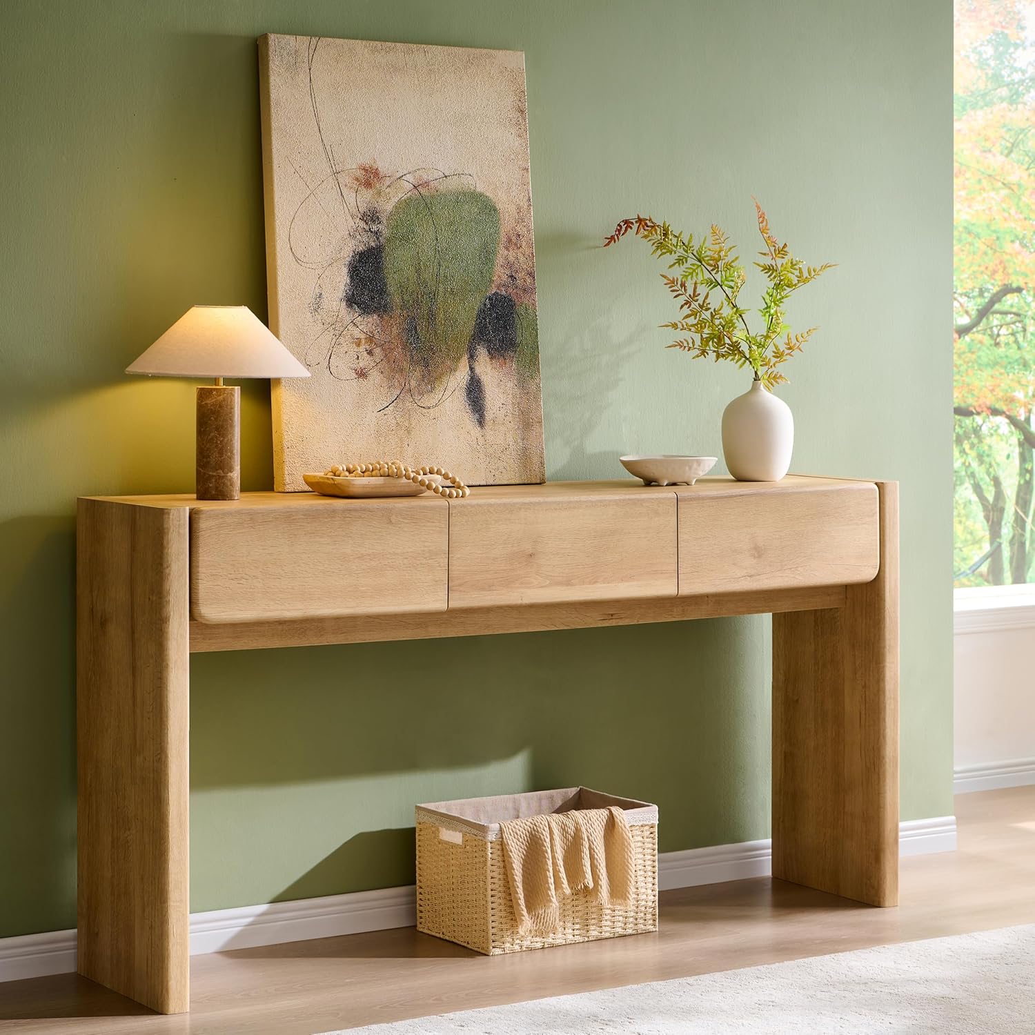 OKD 63" Farmhouse Console Table with 3 Drawers, Narrow Entryway Table Behind Couch, Rounded Corners - Natural Oak