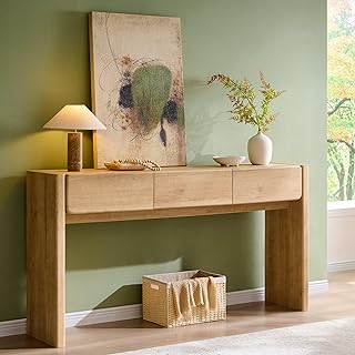 OKD 63'' Console Table with 3 Drawers, Farmhouse Entryway Table with Rounded Corners, Console Table Behind Couch for Living Room/Hallway-Natural Oak