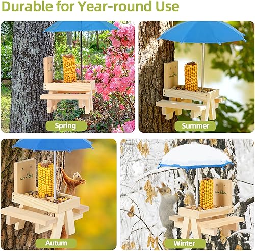Miniatura 6 de MIXXIDEA Mesa alimentadora de ardillas con paraguas, alimentador de mesa de picnic de ardilla de madera, resistente soporte para mazorca de maíz,