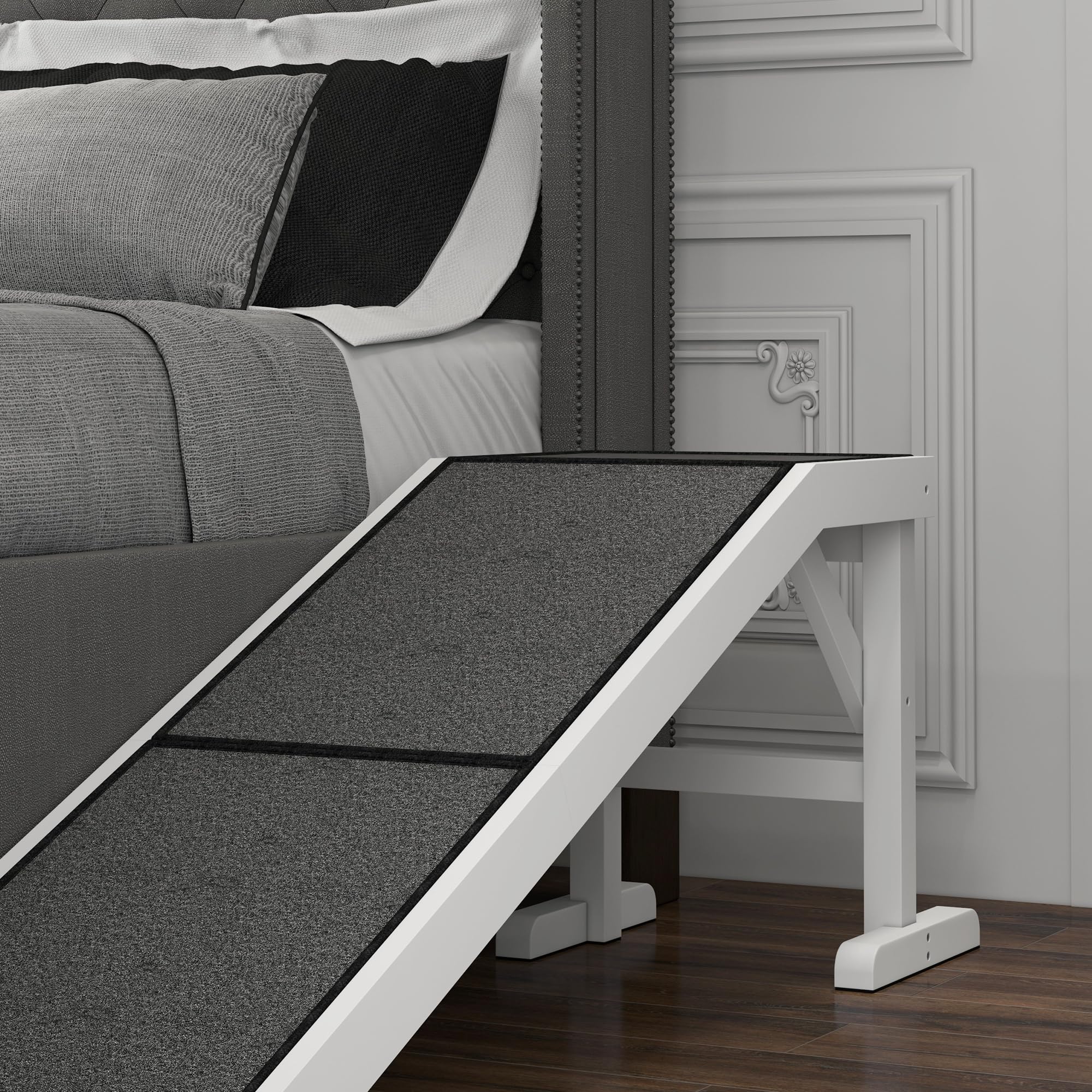 PawHut Rampa para Perros de Madera Rampa para Mascotas para Cama/Sofá con Alfombra Antideslizante para Perros Pequeños Medianos y Grandes 152x40x50 cm Blanco y Gris