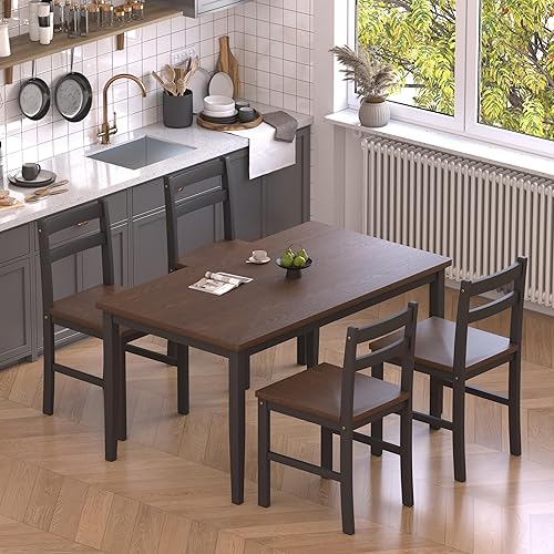 Juego de mesa de comedor de 5 piezas, juego de mesa de comedor de madera maciza para 4, juego de mesa de granja y 4 sillas, juego de mesa de cocina