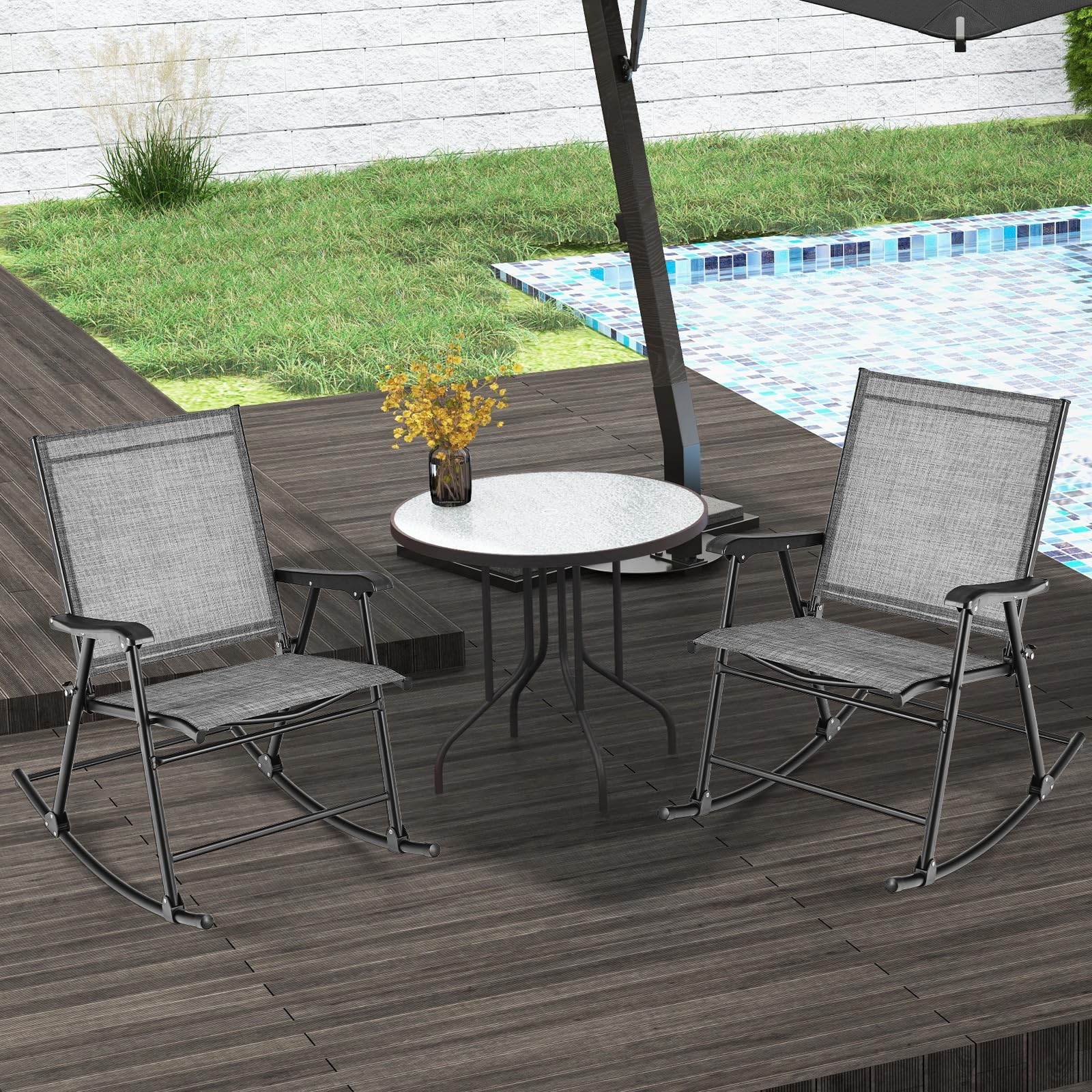 COSTWAY Lot de 2 Chaises de Jardin à Bascule Pliantes avec Siège en Tissu Respirant et Cadre en Métal, Chaises Berçantes d'Extérieur à Dossier Haut, pour Porche, Piscine, Charge 150KG(Gris)