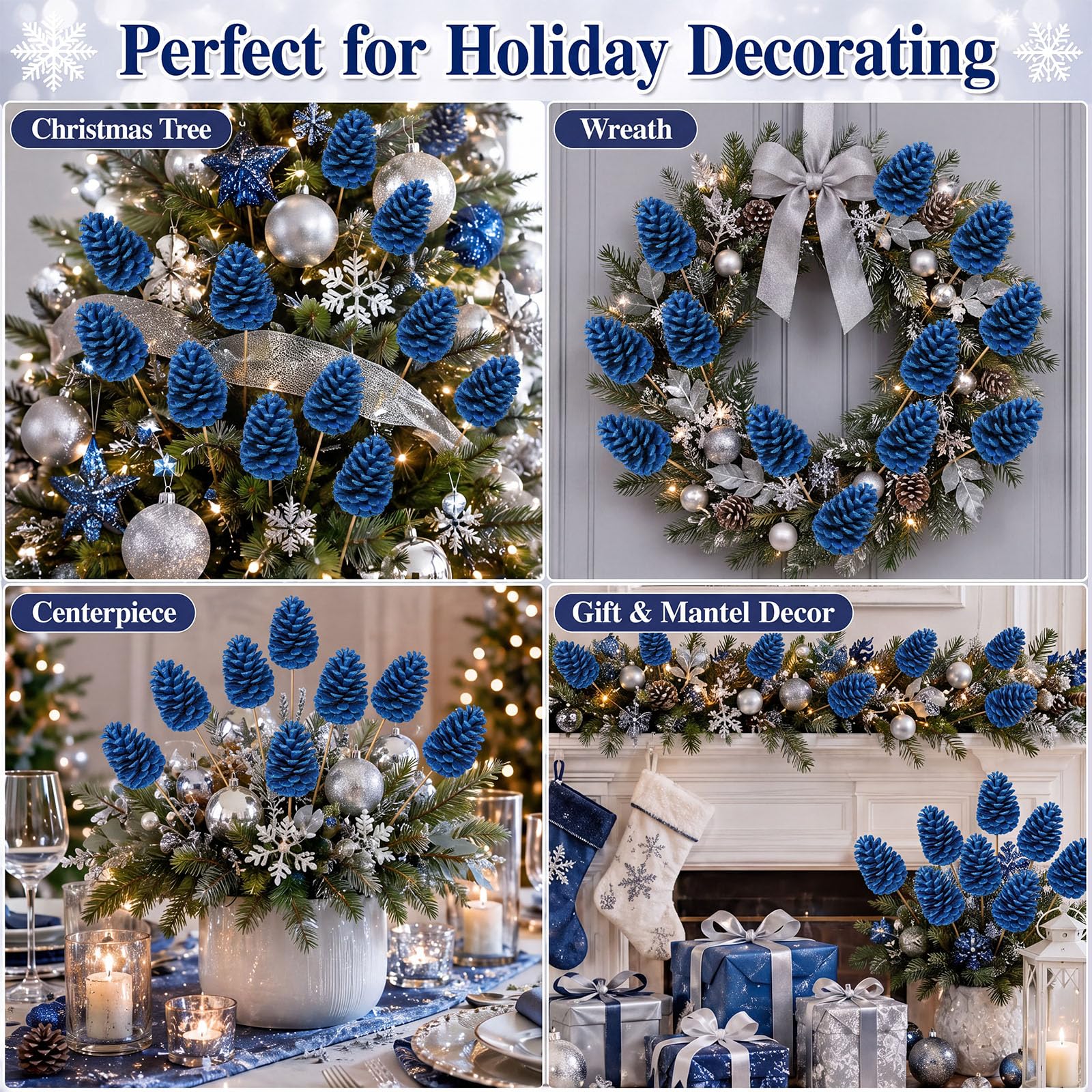 Thiccywoov Lot de 20 grandes pommes de pin artificielles à paillettes bleues de 20 cm, décoration pour sapin de Noël, couronne, guirlande, centres de table, cheminée, vacances d'hiver