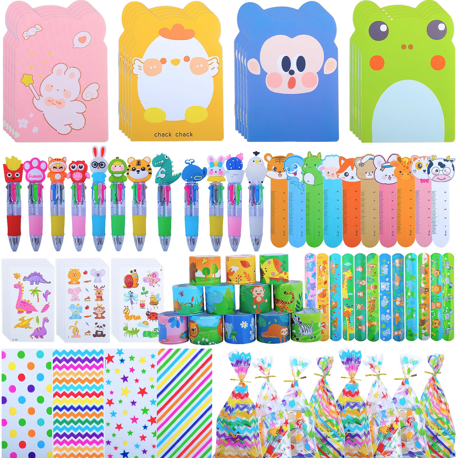 Confezione di cancelleria per feste, confezione da 24 sacchetti di cancelleria con animali dei cartoni animati, sacchetti per regali di compleanno con penna multicolore, mini quaderni per